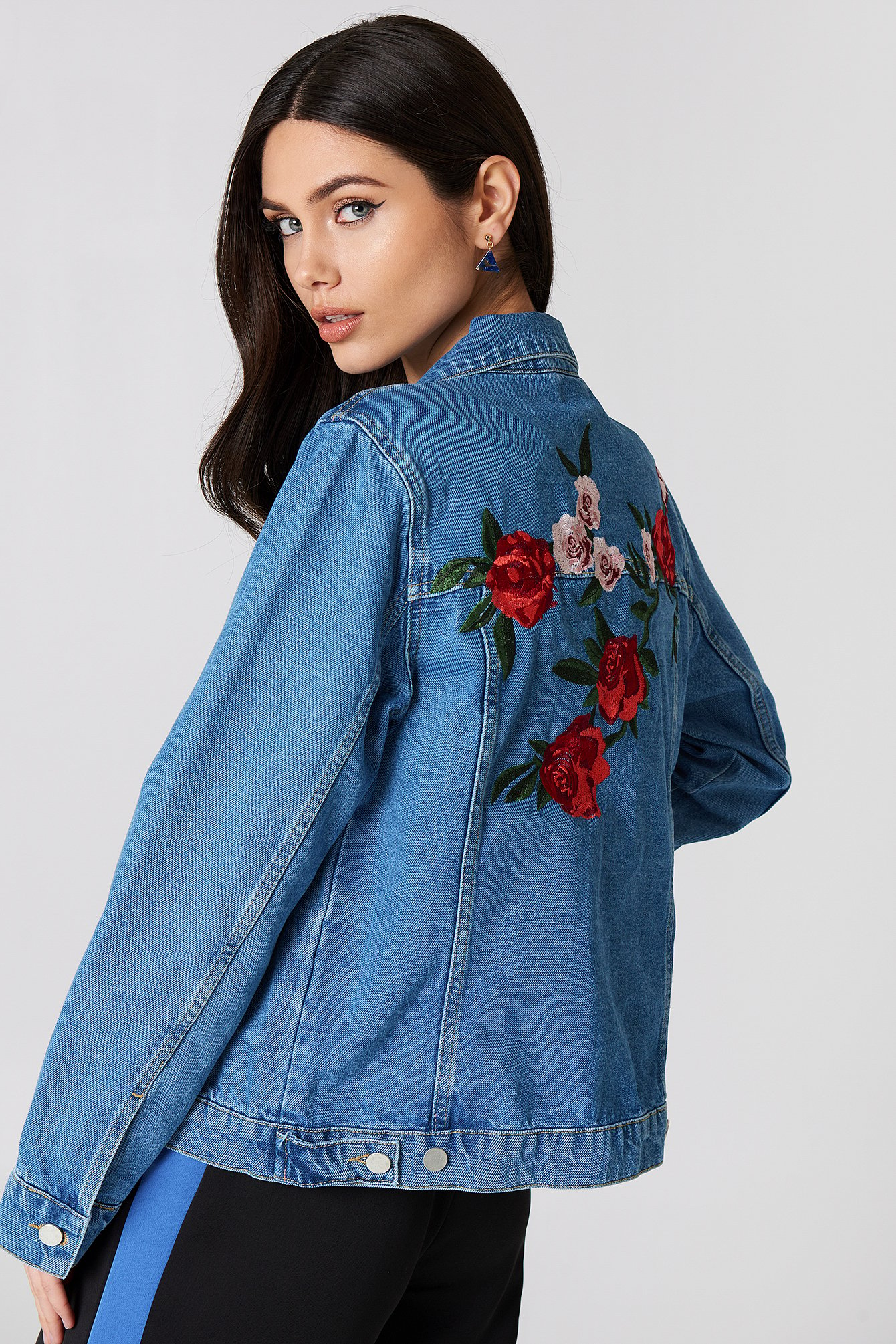 NA-KD Flower Embroidery Denim Jacket Blue