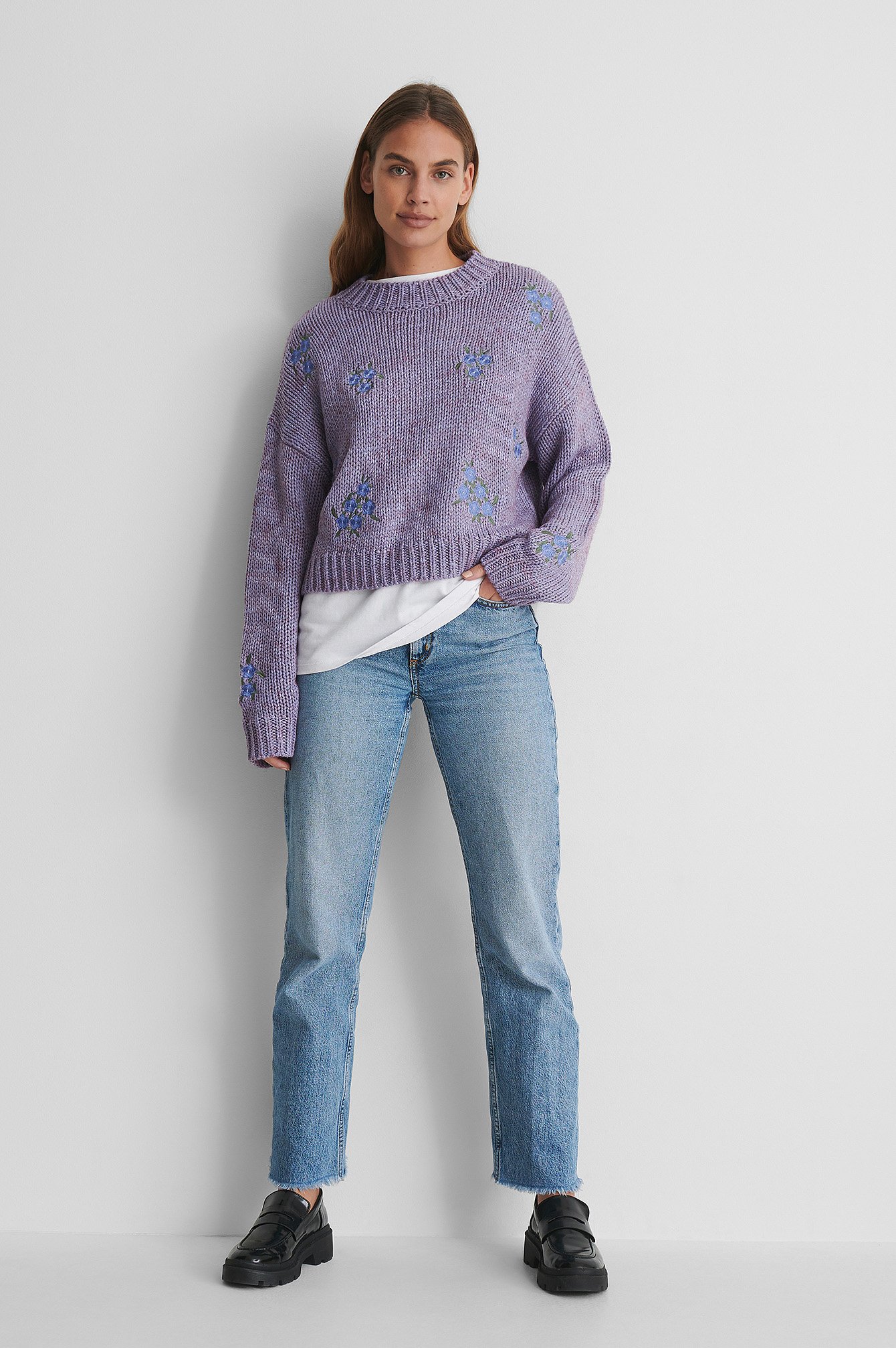 Purple Flower Embroidery Round Neck Knitted Sweater