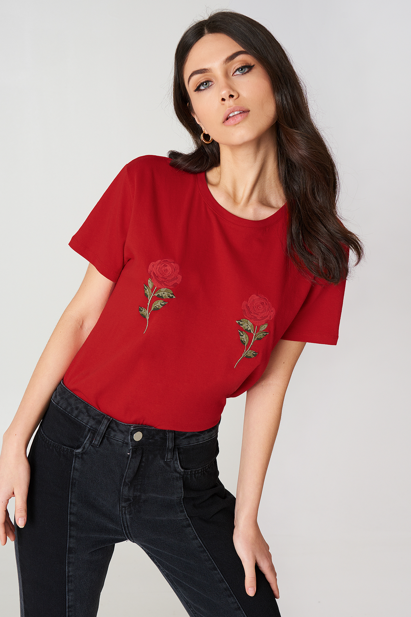 Red Flower Embroidery Tee