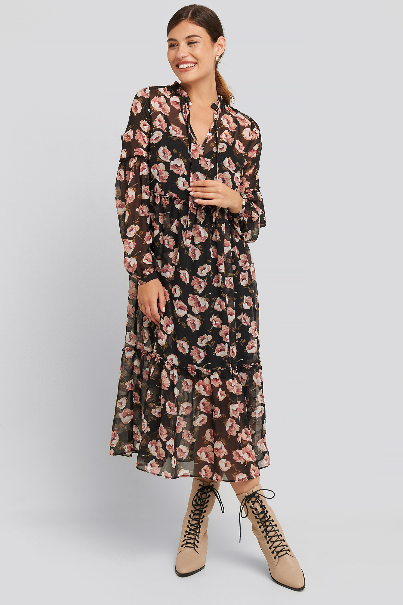 Flower Print Balloon Sleeve Dress Black/Flower Print