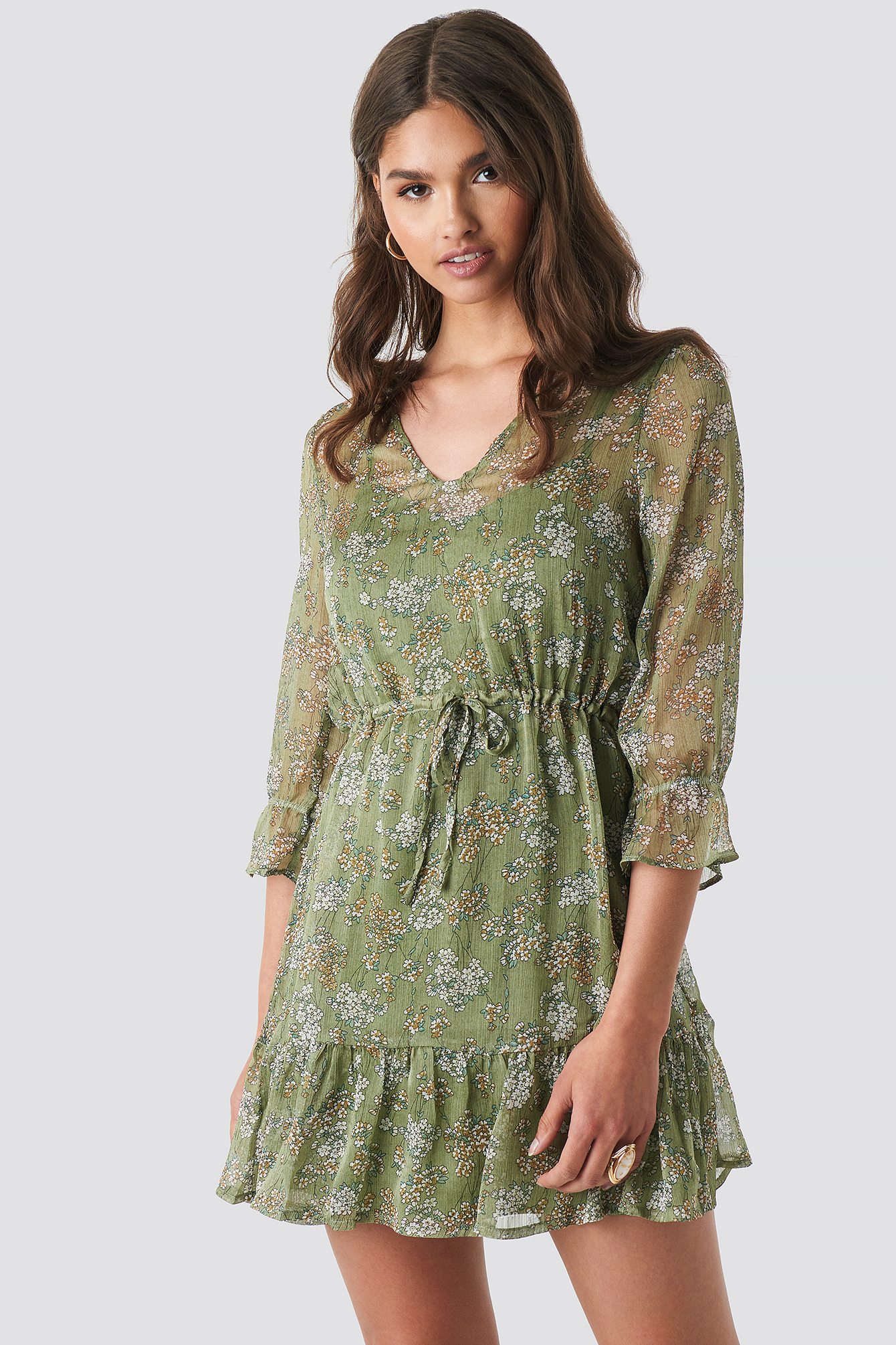 Flower Print Drawstring Chiffon Dress Green