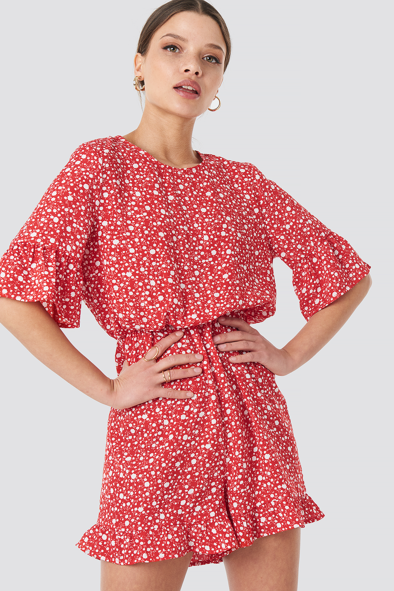 Flower Print Frill Playsuit Red Flower