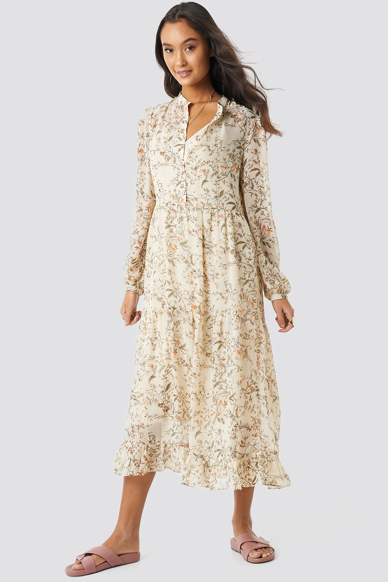 Flower Print Tiered Midi Dress Cream