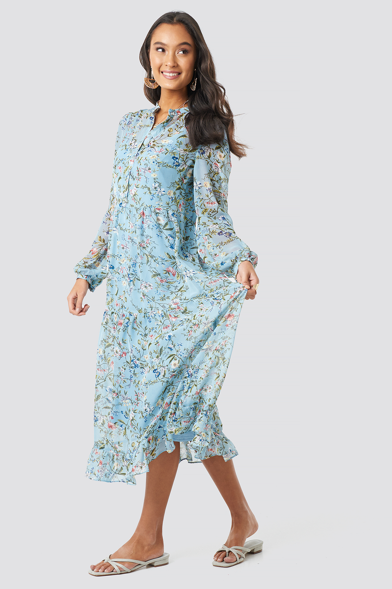 Flower Print Tiered Midi Dress Blue