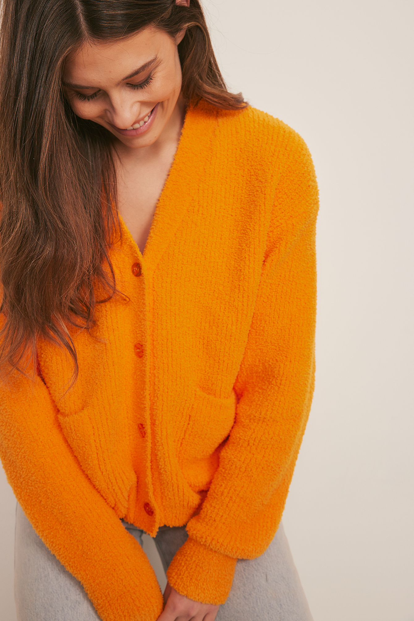 Fluffy Knitted Pocket Cardigan Orange