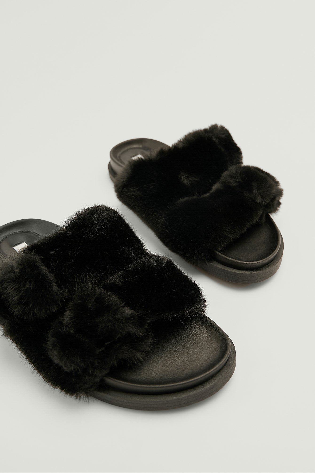 Black Fluffy Buckle Sandals