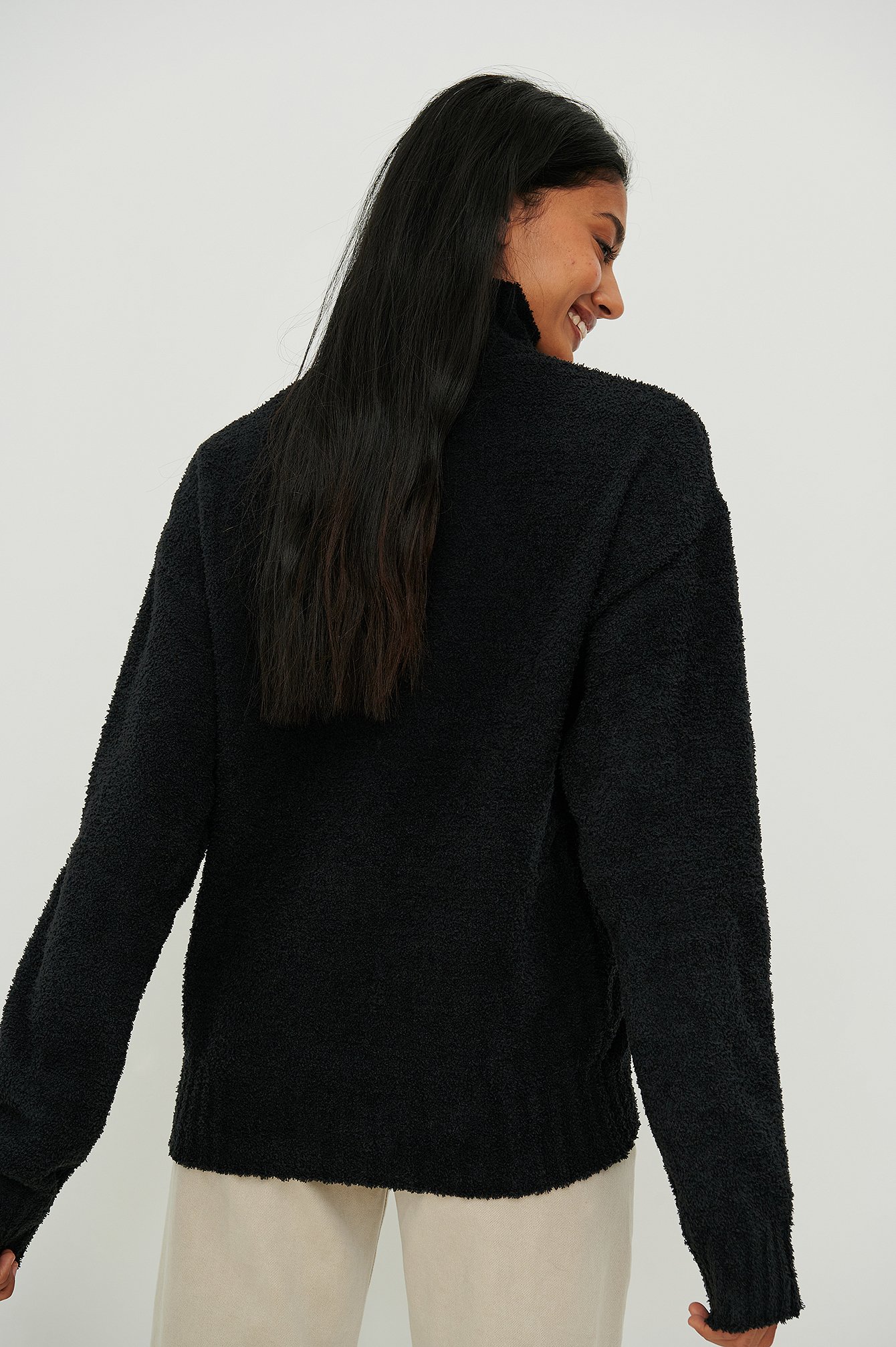 Black Recycled Fluffy High Neck Knitted Sweater
