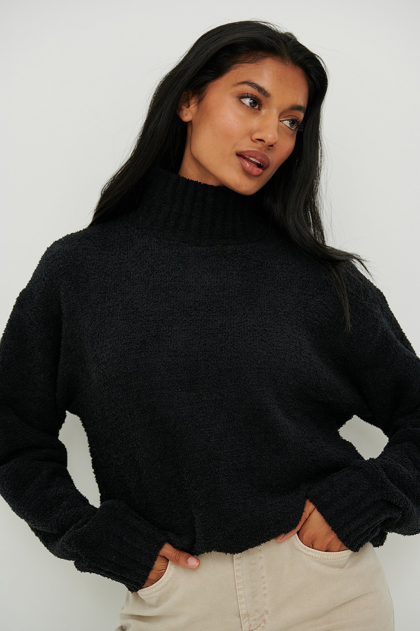 Black Recycled Fluffy High Neck Knitted Sweater
