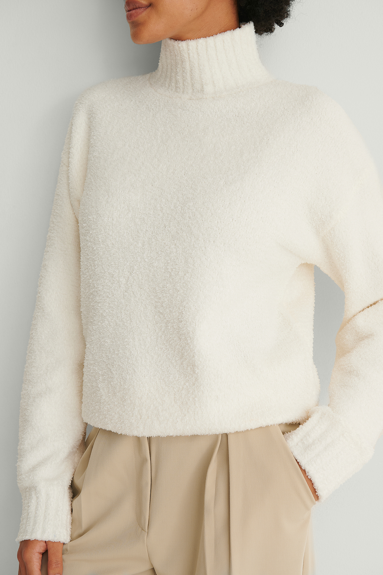 White Recycled Fluffy High Neck Knitted Sweater