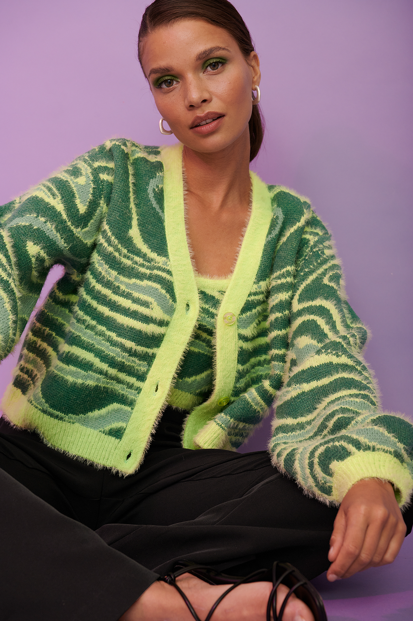 Green Fluffy Knitted Cropped Cardigan