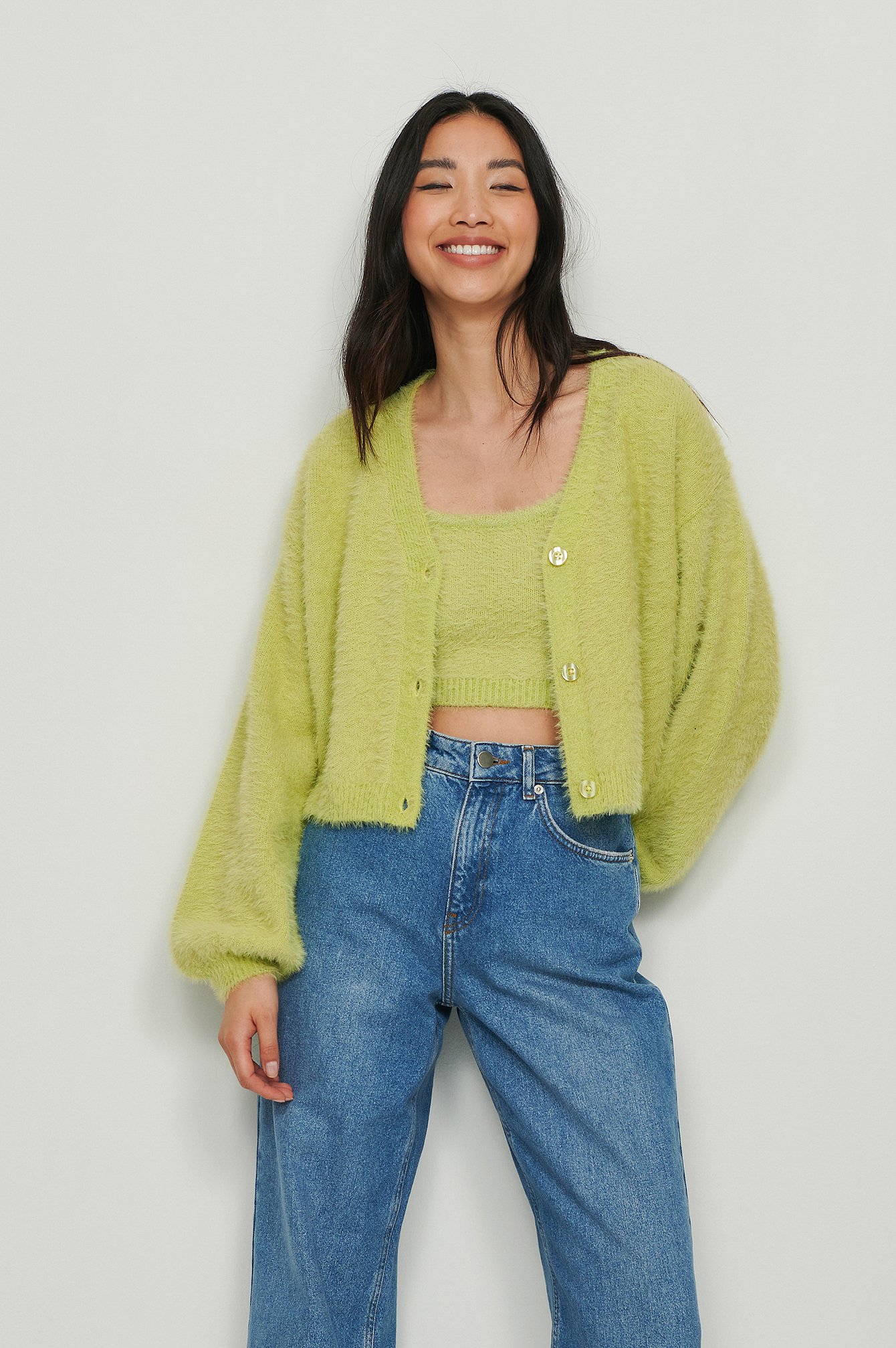 Light Green Fluffy strikket kort genser