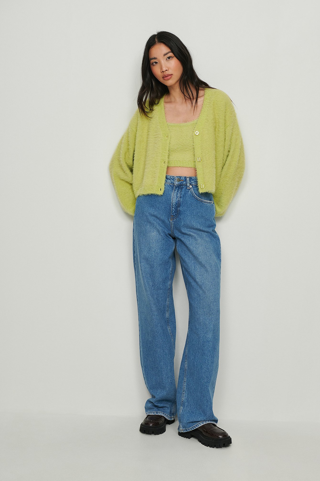 Light Green Fluffy Knitted Cropped Cardigan
