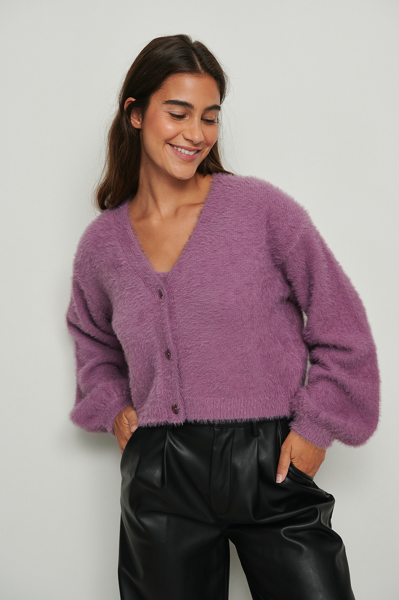 purple cropped cardigan