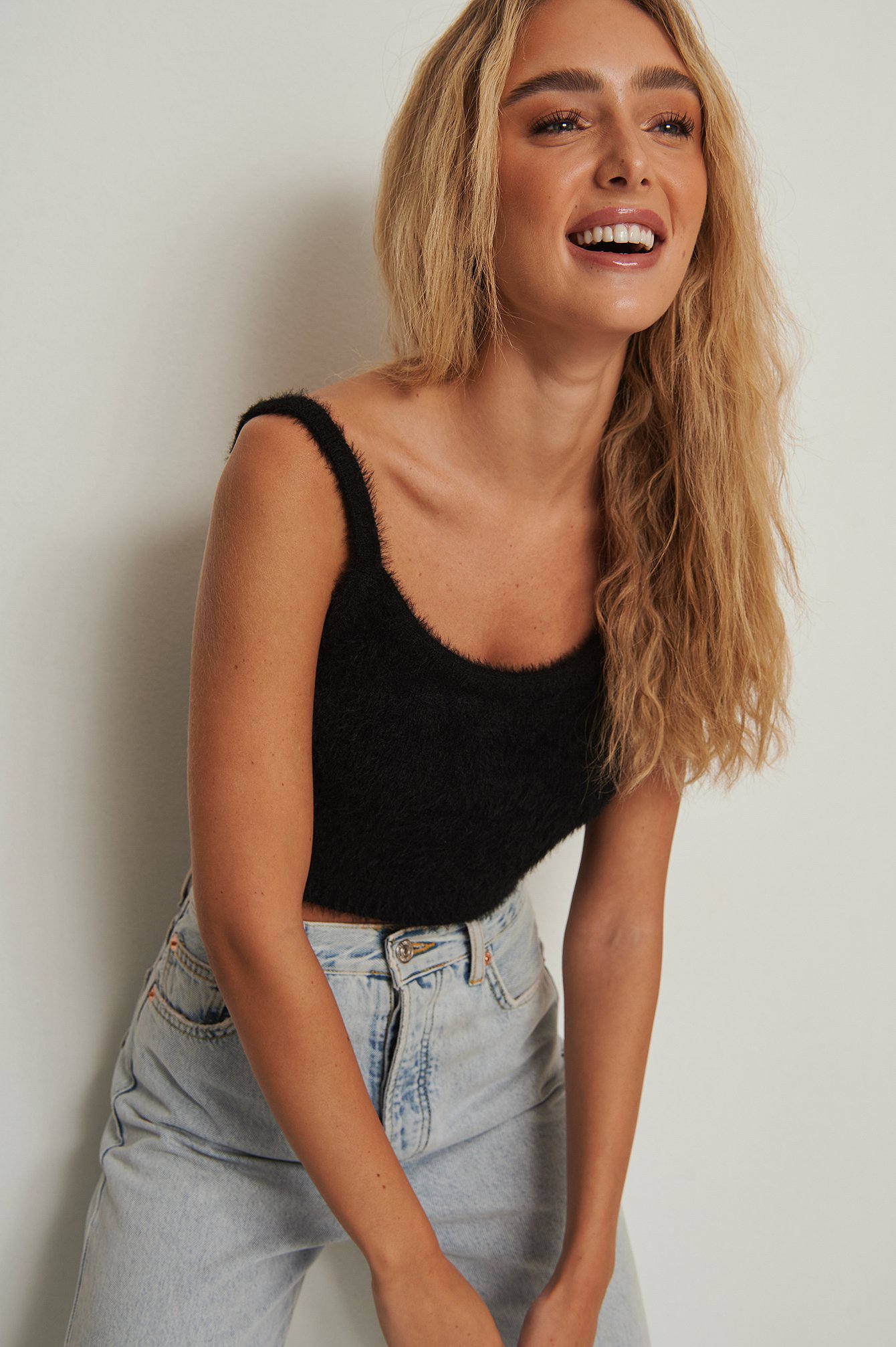 Black Fluffy Knitted Cropped Singlet