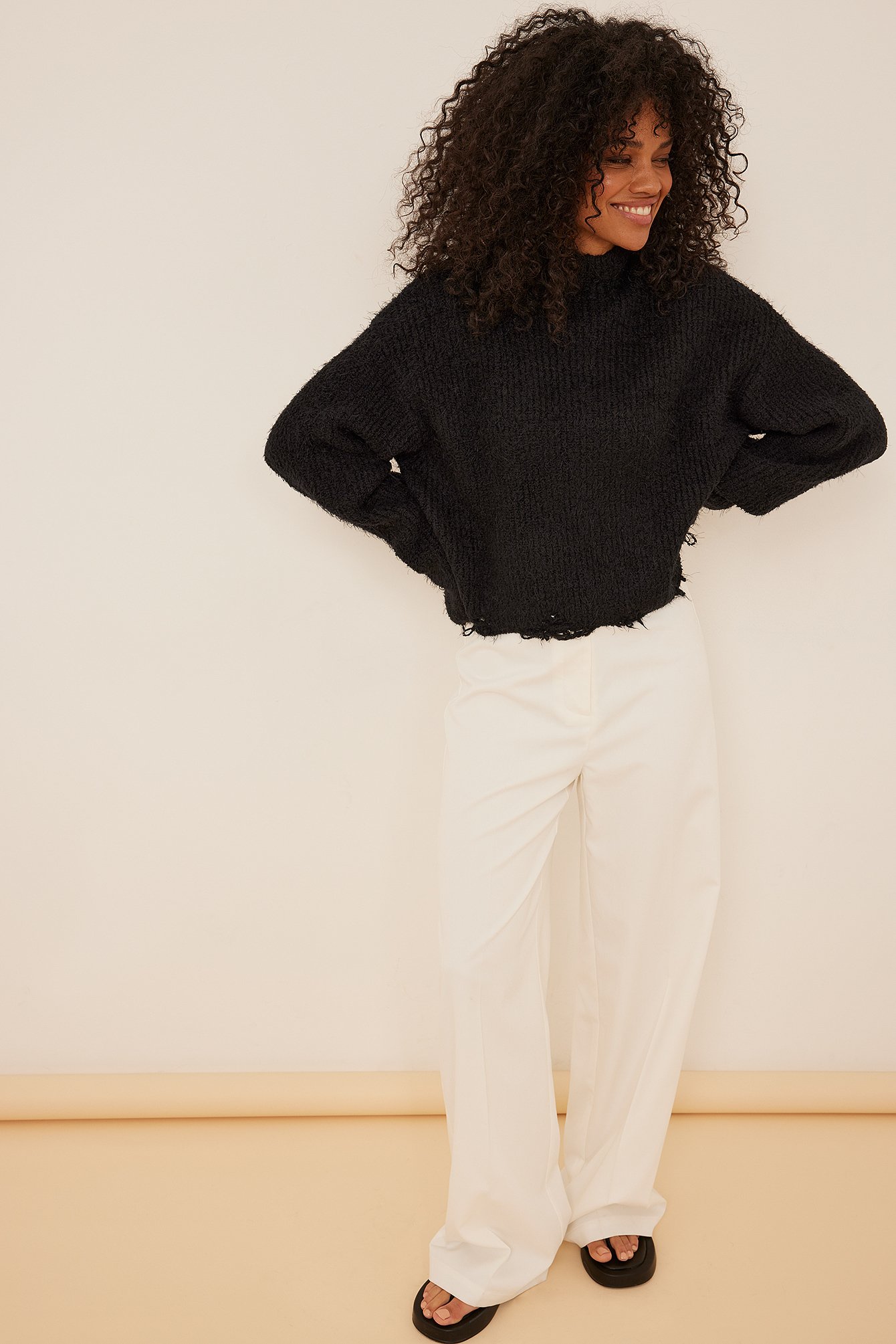 Black Oversized Knitted Destroyed Edge Crop Sweater