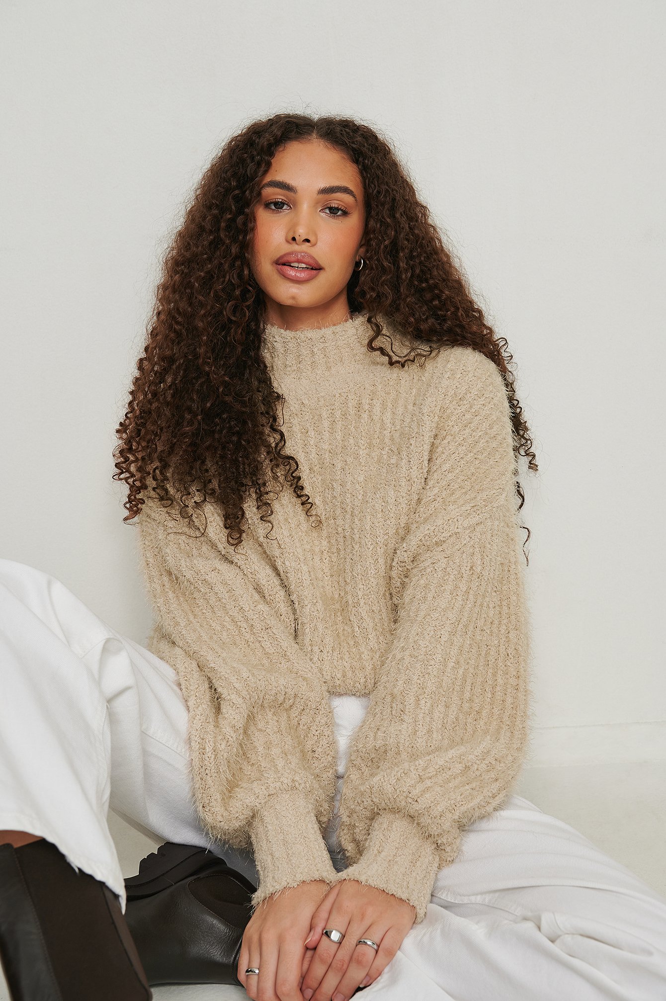 Beige Fluffy Knitted Sweater
