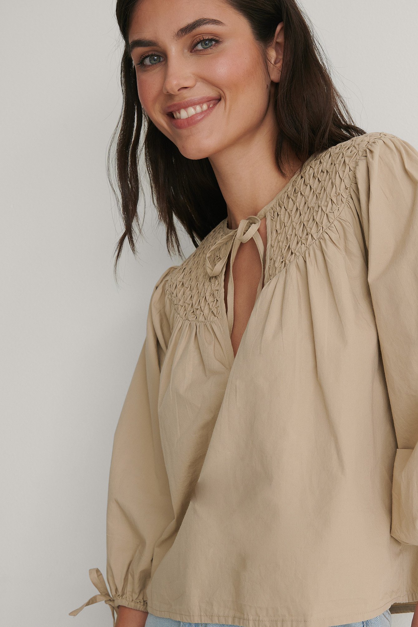 Beige Fold and Tucked Blouse