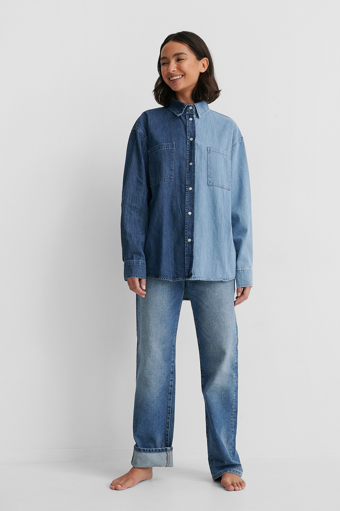 Mid Blue Organic Fold Up Straight High Waist Jeans