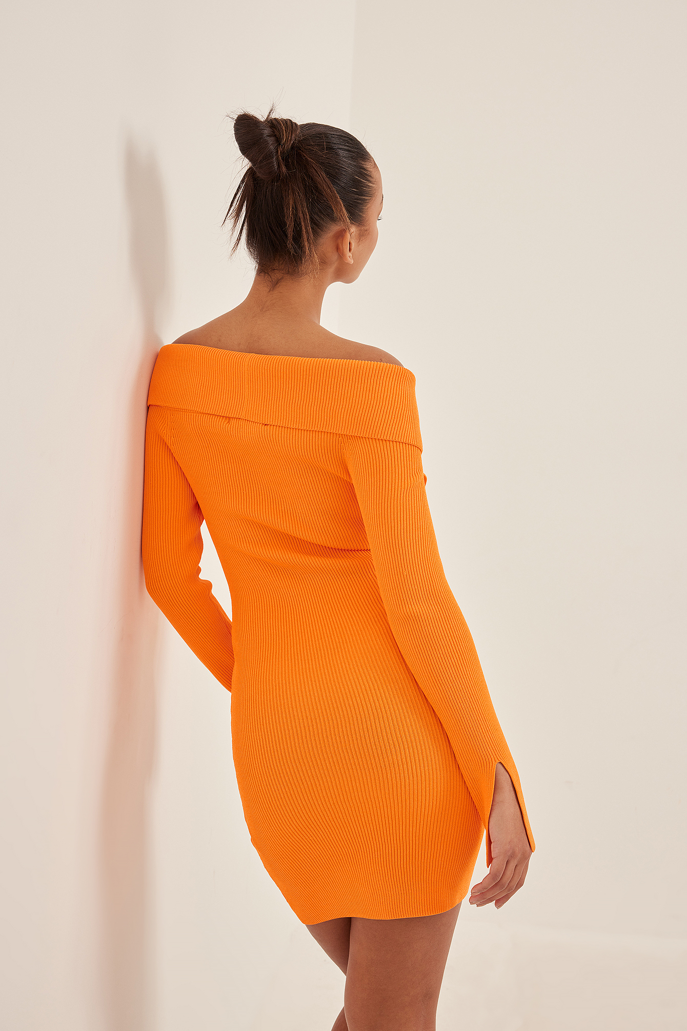 Folded Off Shoulder Knitted Mini Dress Orange