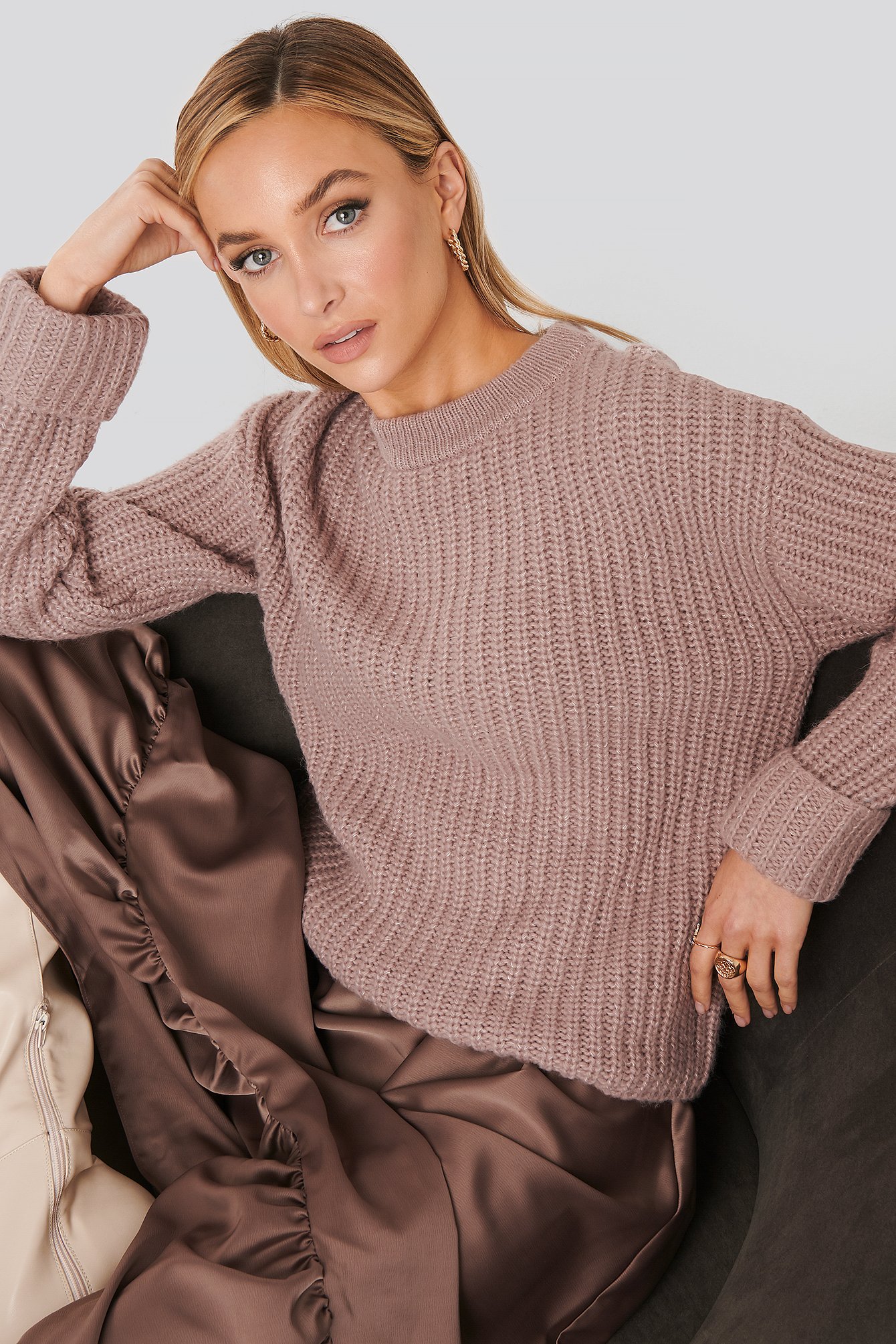 Dusty Pink NA-KD Trend Folded Sleeve Chunky Sweater