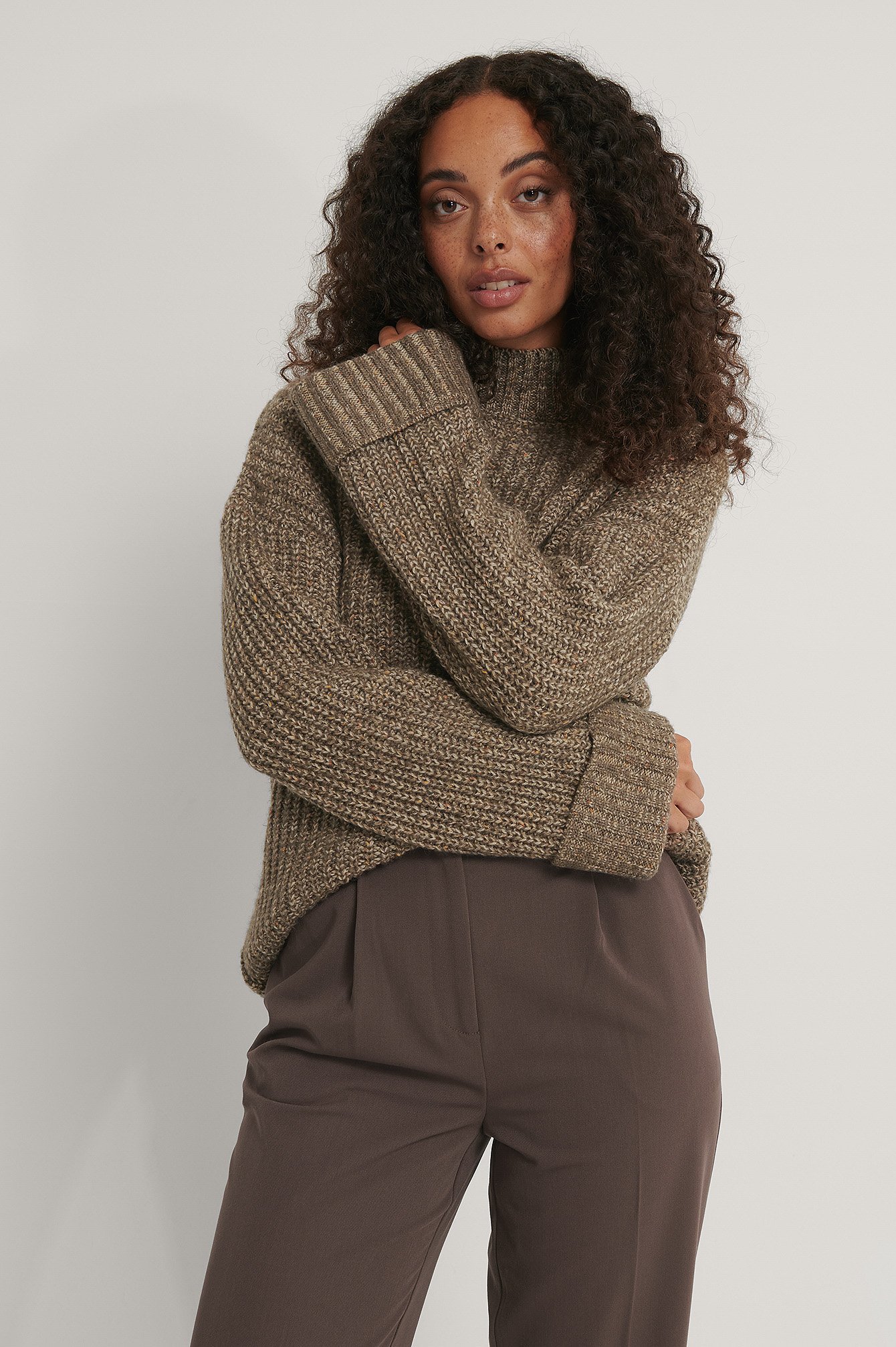 Brown Folded Sleeve High Neck Knit Sweater