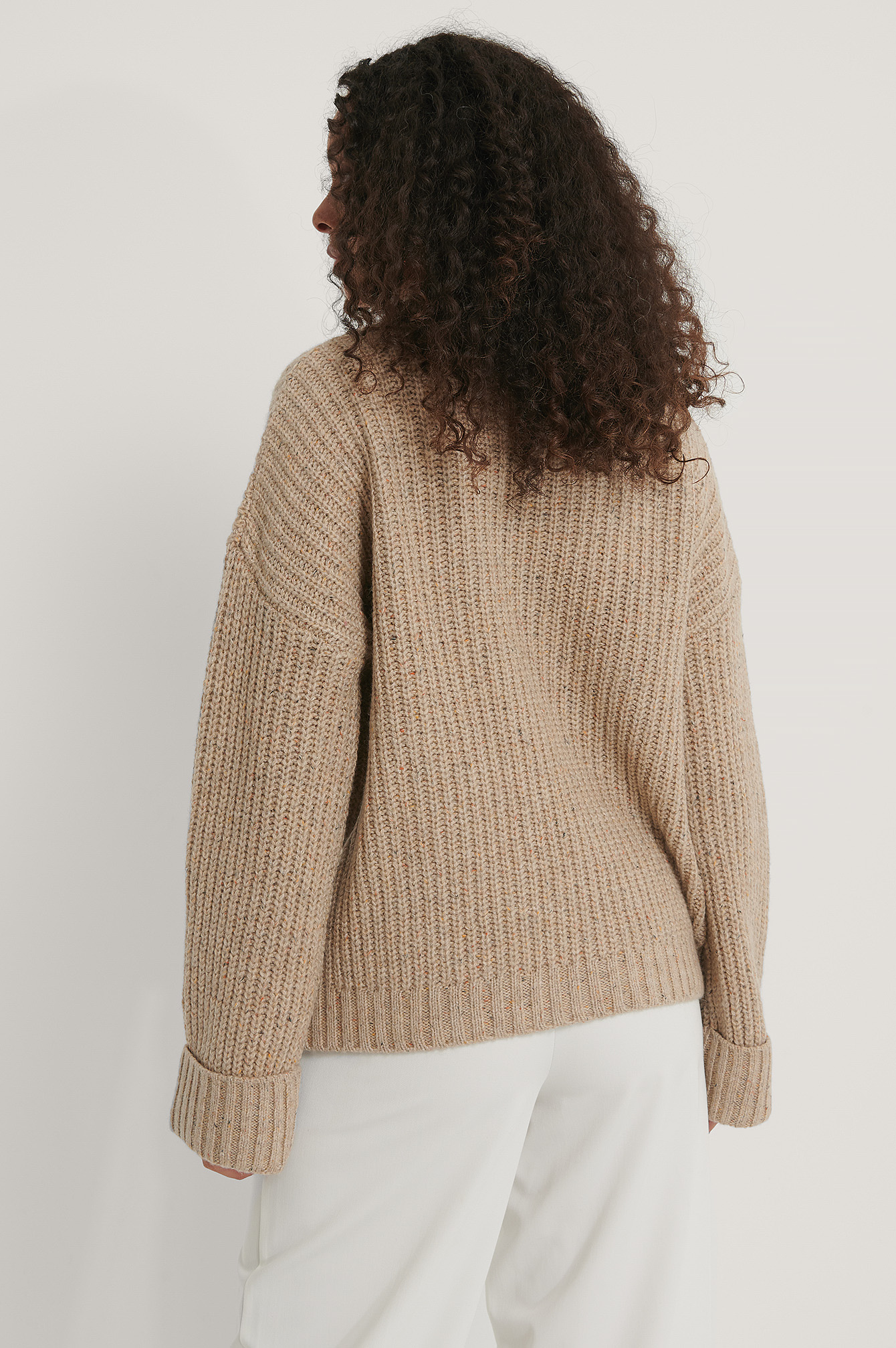 Folded Sleeve High Neck Knit Sweater 