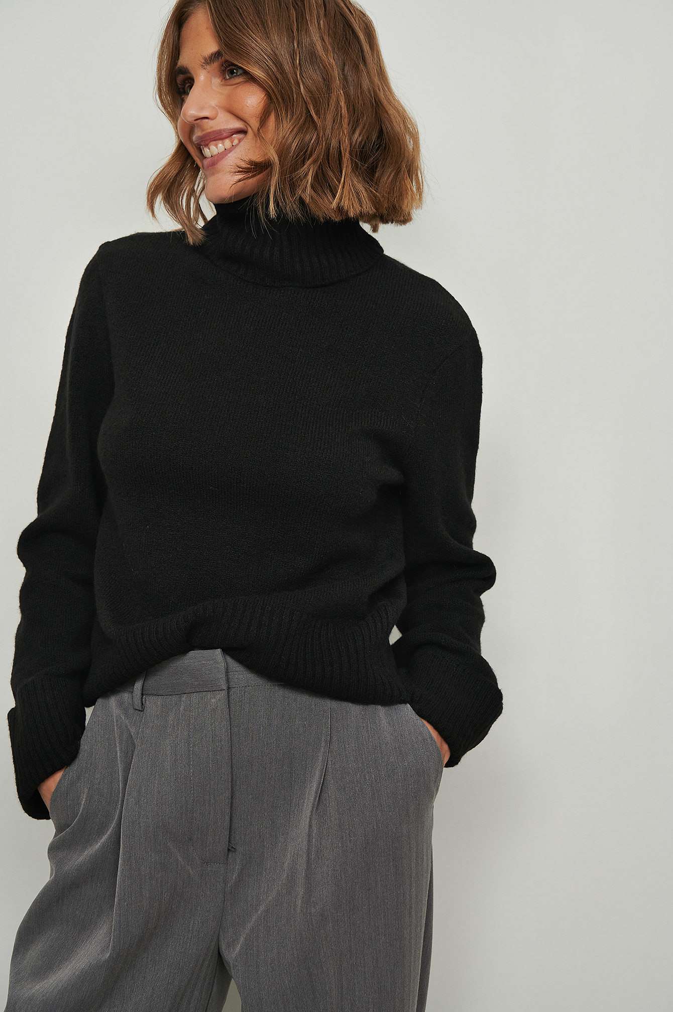 Folded Sleeve High Neck Sweater Black 