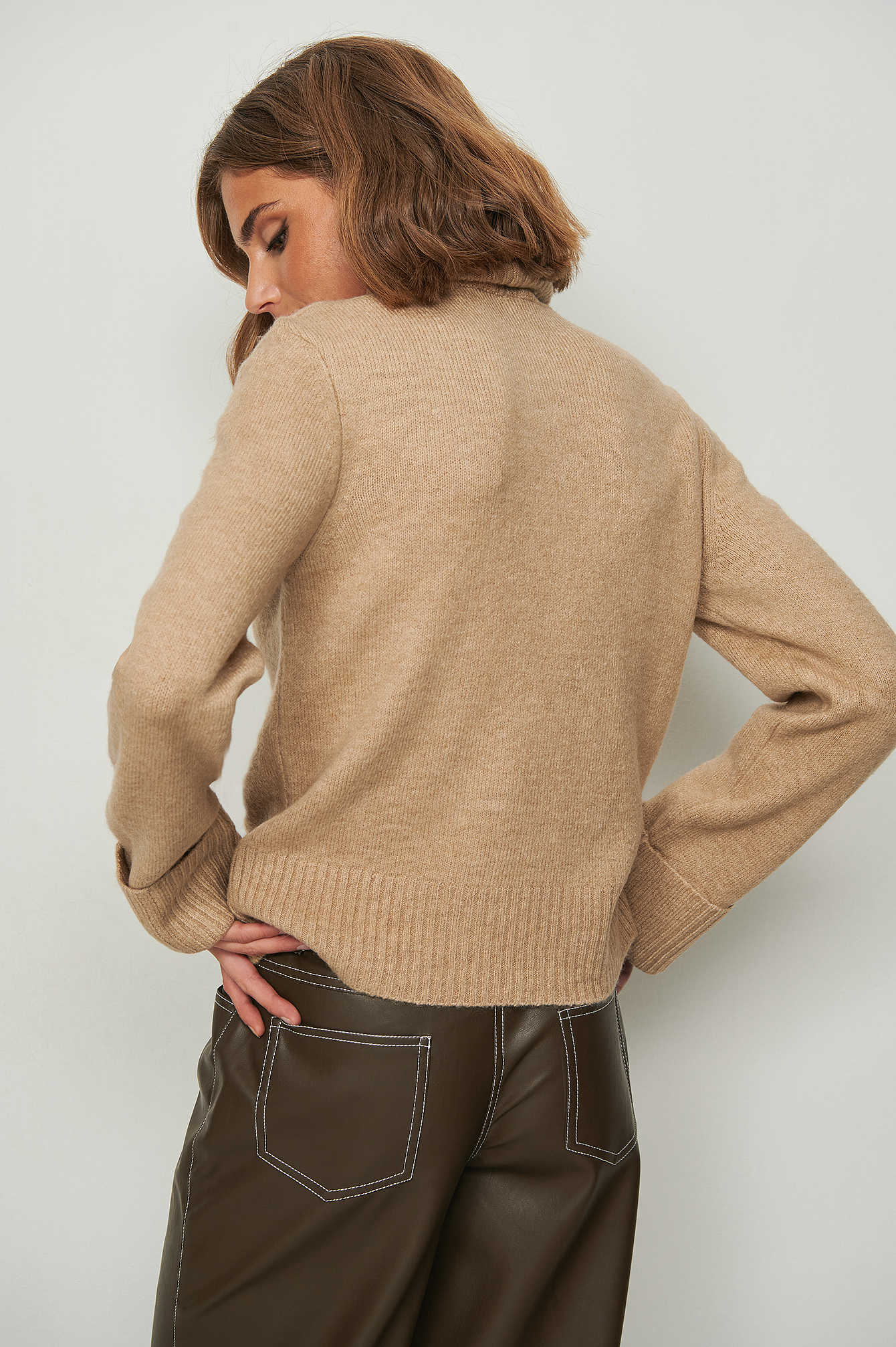 Folded Sleeve High Neck Sweater Beige