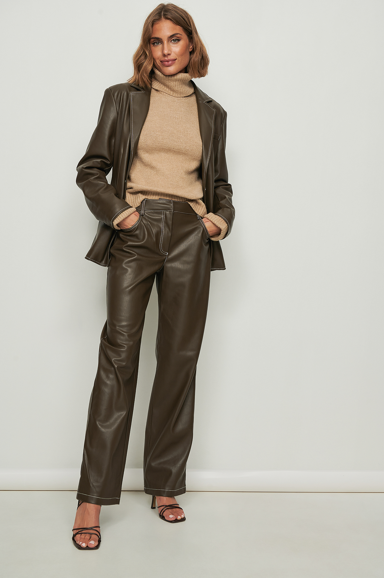 Folded Sleeve High Neck Sweater Beige