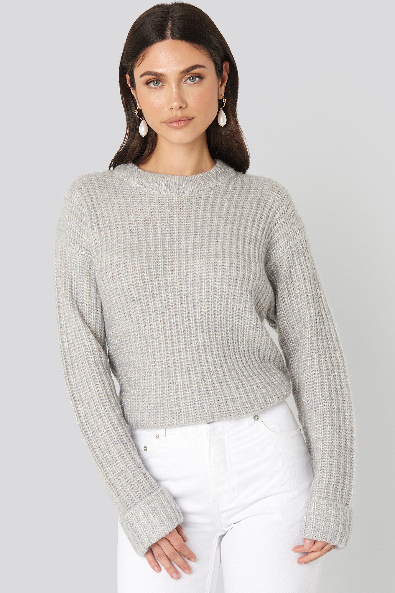 Folded Sleeve Round Neck Knitted Sweater Grey