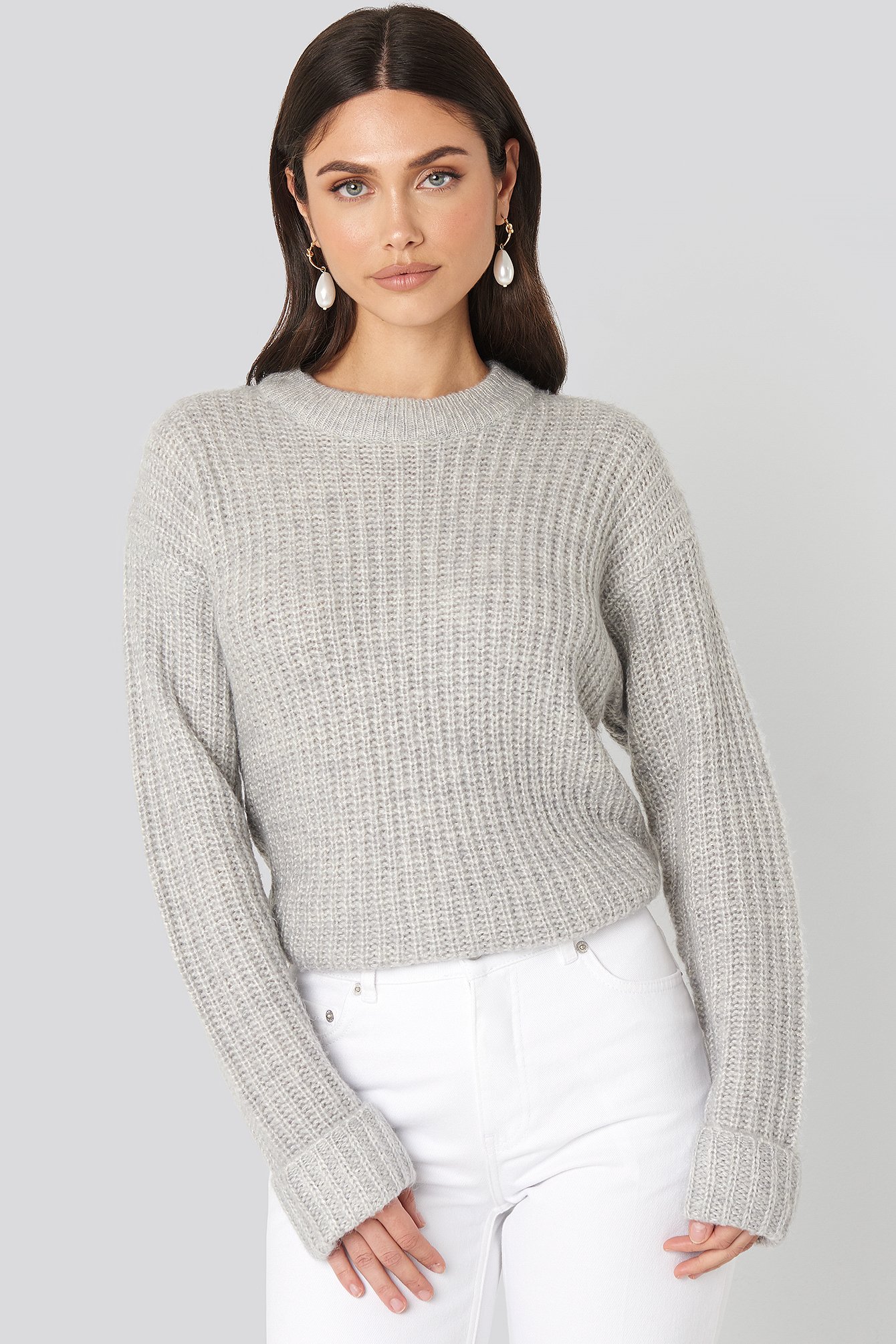 Folded Sleeve Round Neck Knitted Sweater Grey | na-kd.com