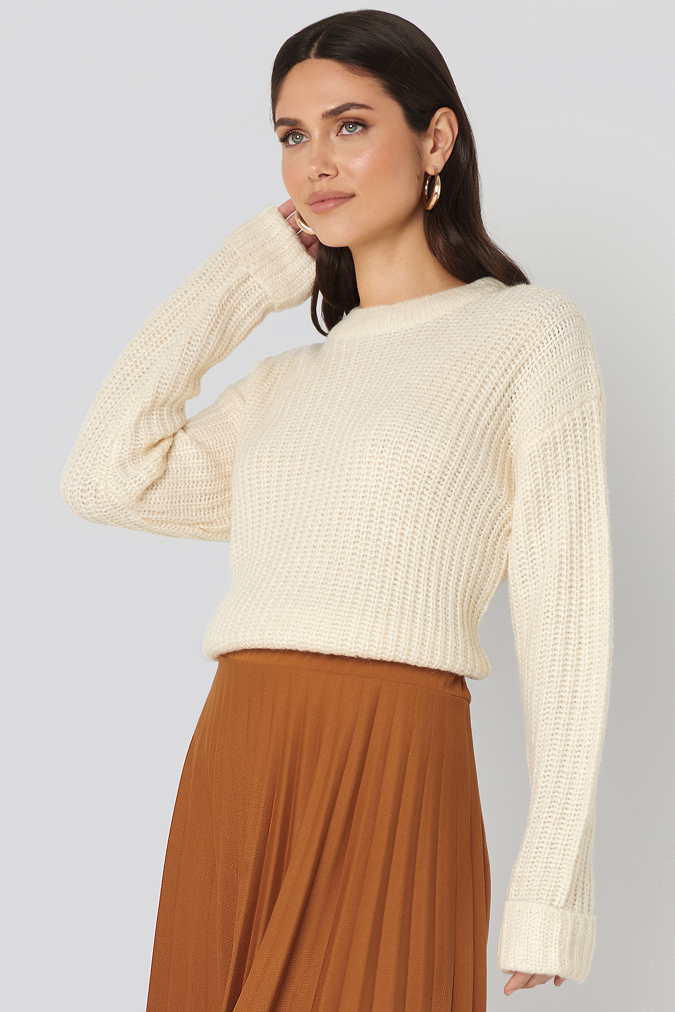Folded Sleeve Round Neck Knitted Sweater Gebroken wit NAKD