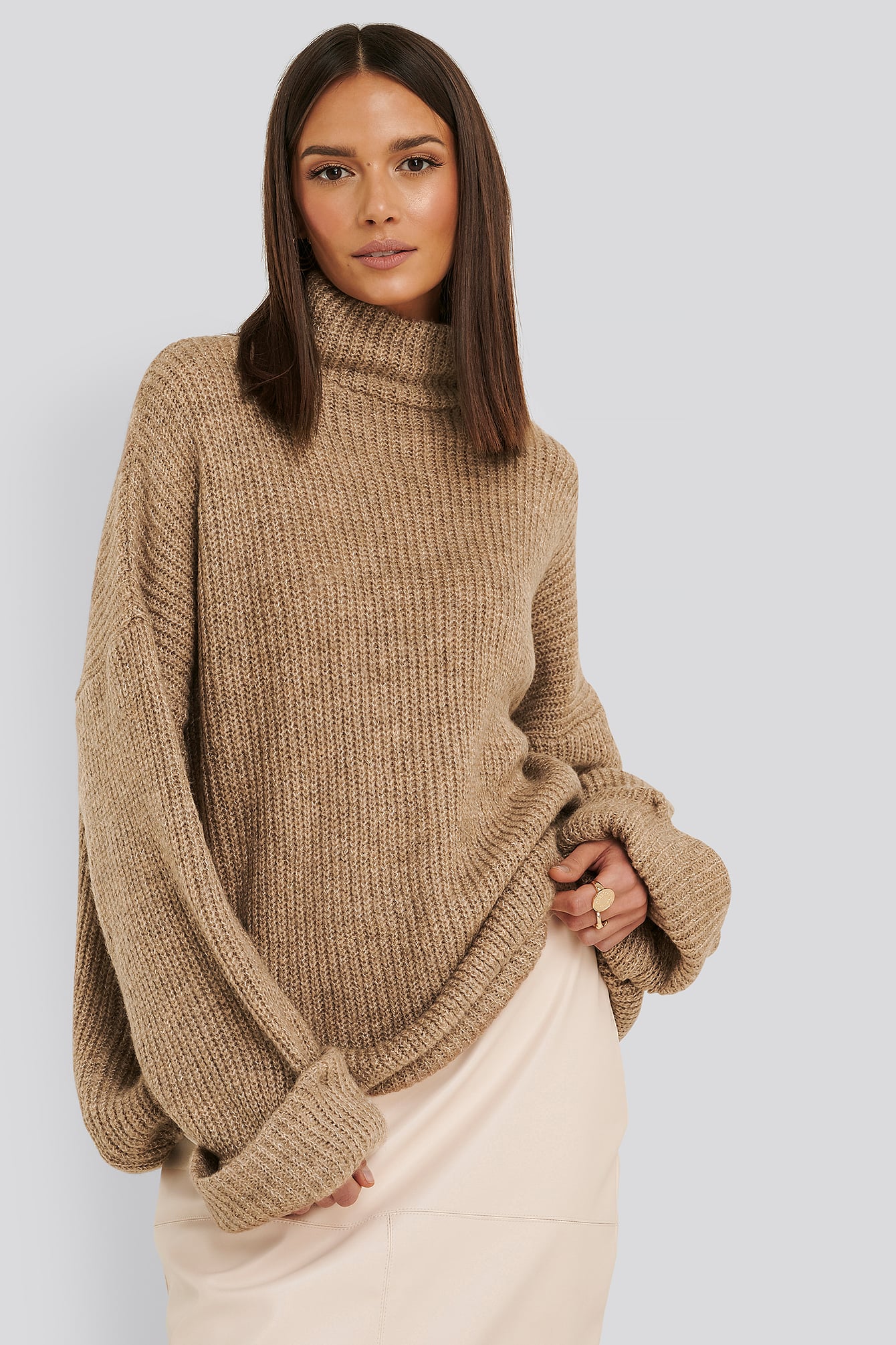 Folded Sleeve Turtle Neck Knitted Sweater Beige | NA-KD
