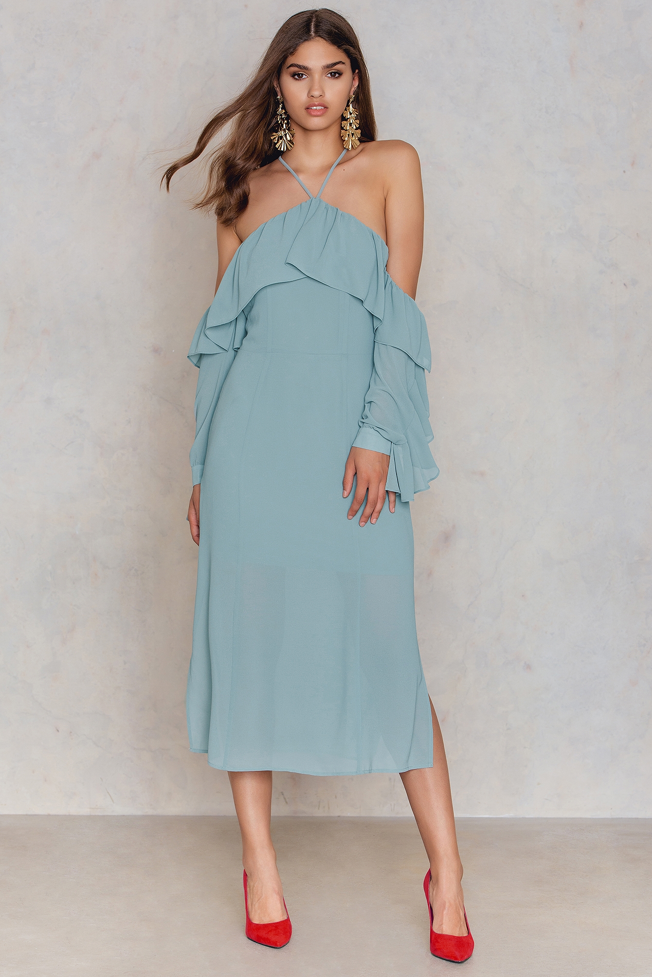 Frill A-neck Midi Dress Duck Green