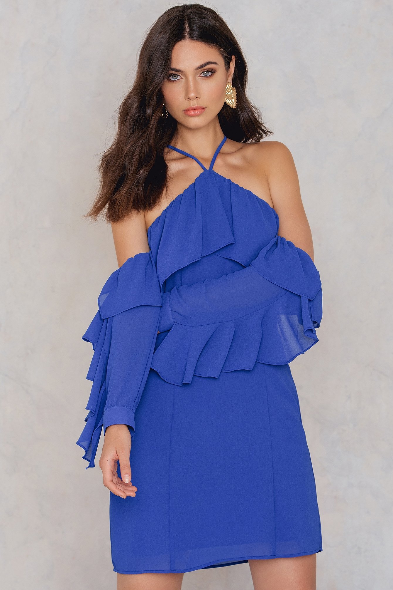 Frill A-Neck Mini Dress Blue | NA-KD