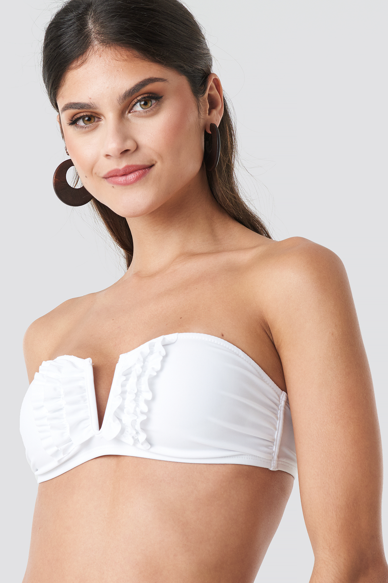 Frill Deep V Bandeau Bikini White