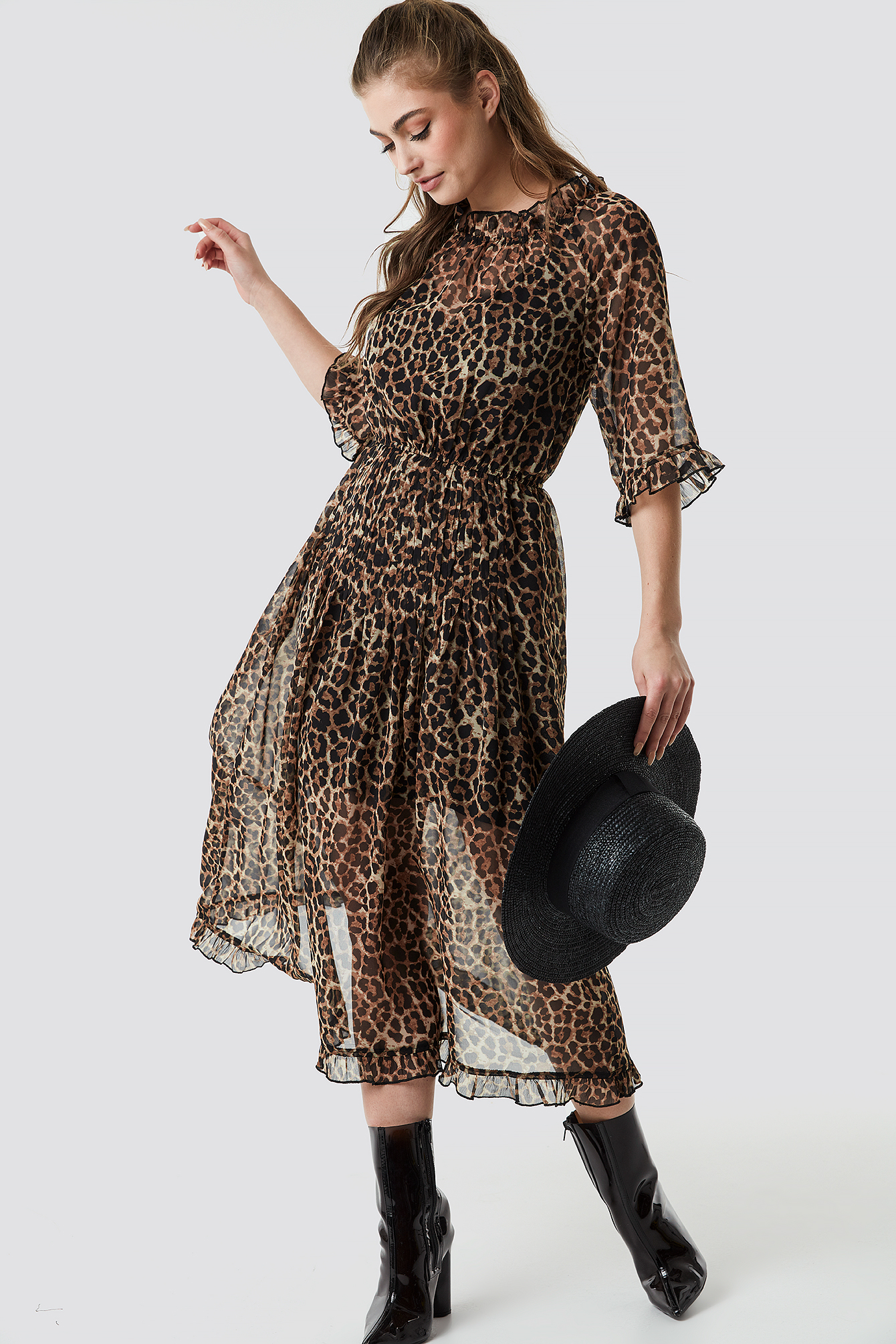 Frill Detail Chiffon Midi Dress Leoprint