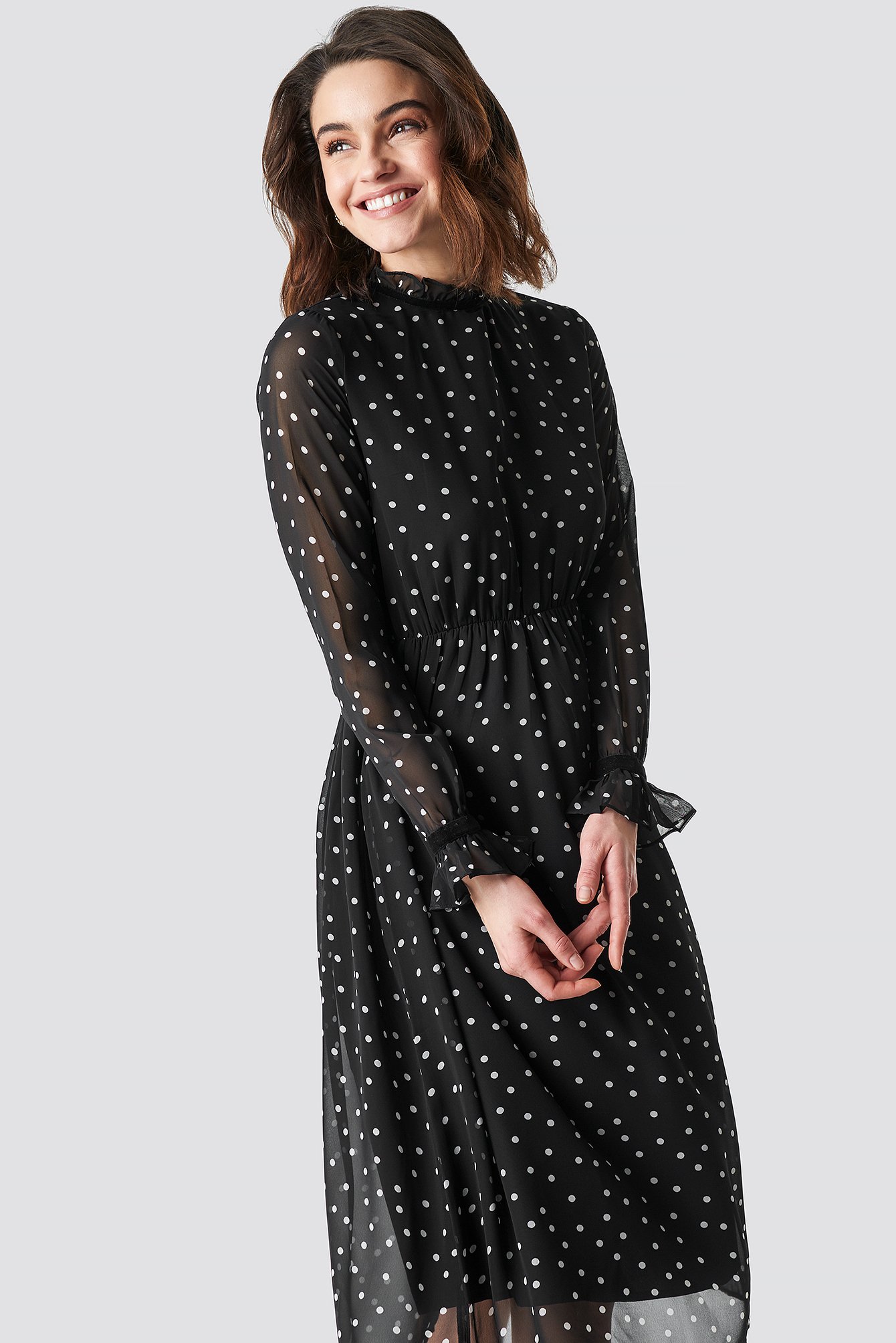 Black/White dots NA-KD Boho Frill Detail High Neck Chiffon Dress