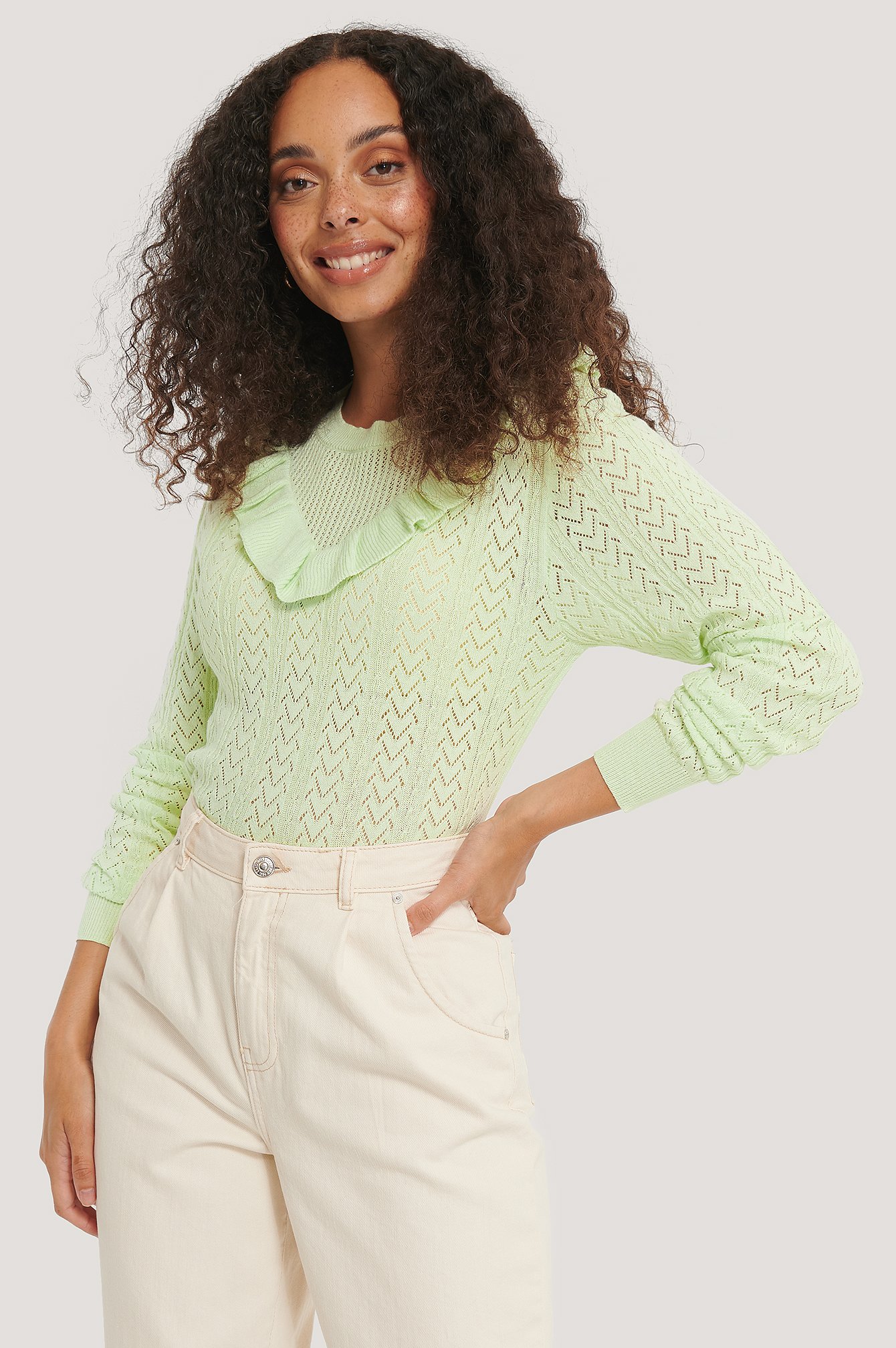 Dusty Green Frill Detail Light Knitted Sweater
