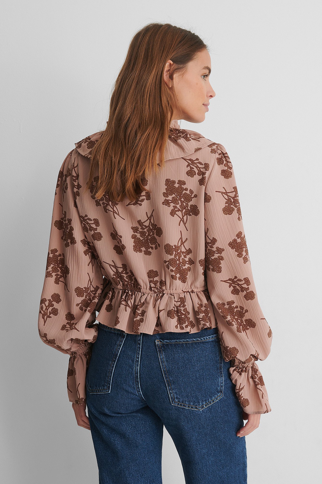 Dusty Pink Flower Frill Drawstring  Blouse