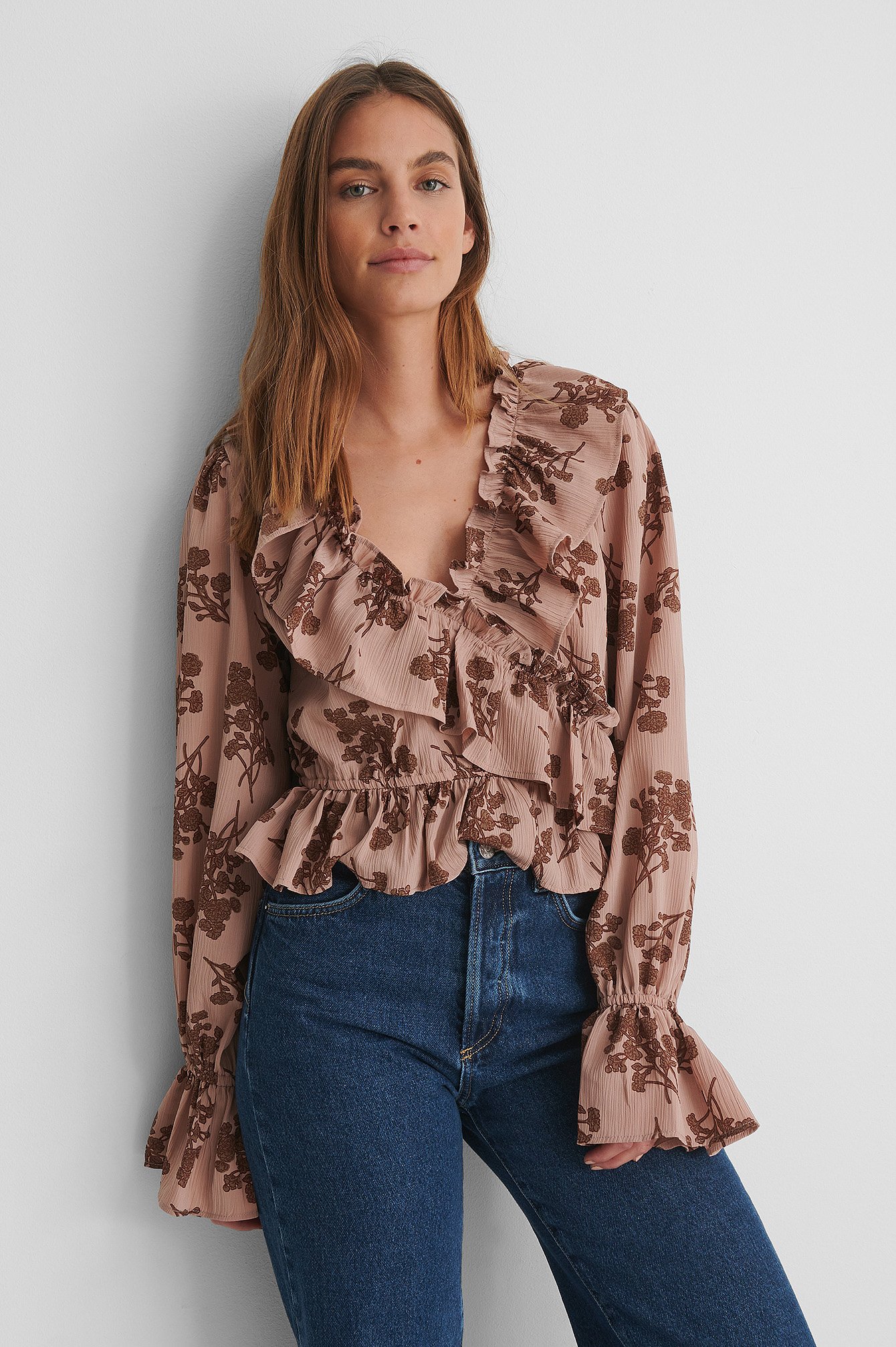Dusty Pink Flower Frill Drawstring  Blouse