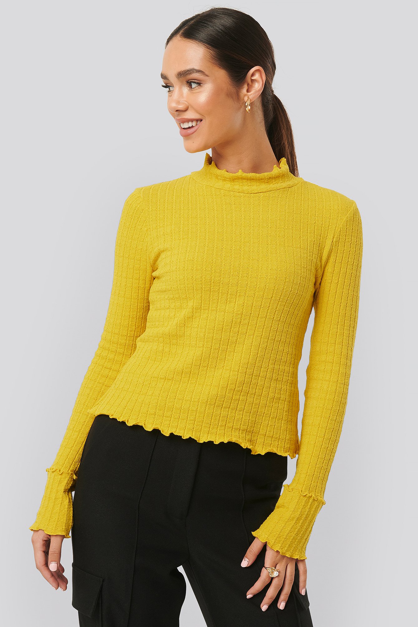 Mustard Frill End Ribbed Polo Sweater