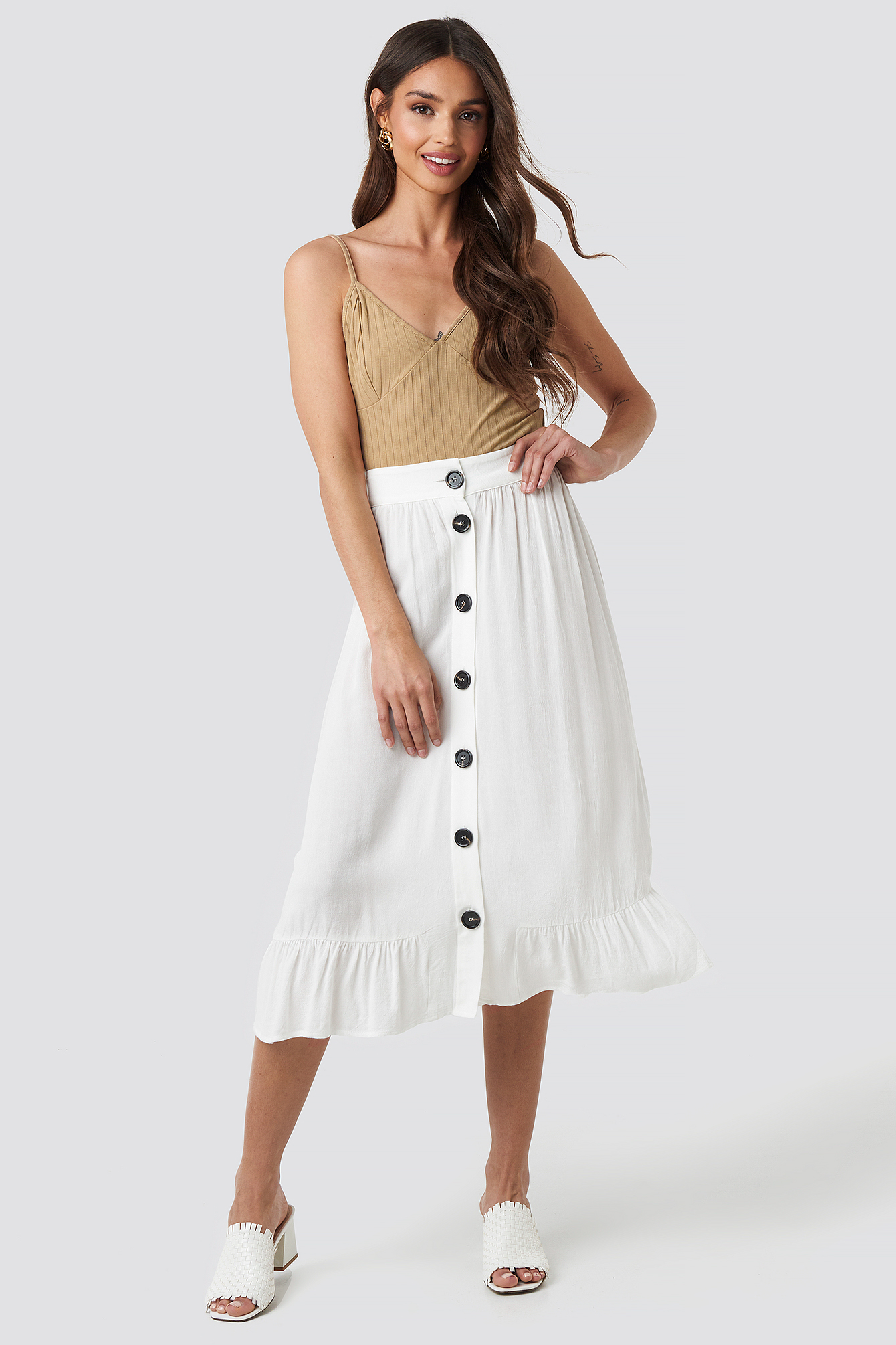 Frill Hem Front Button Skirt Beige