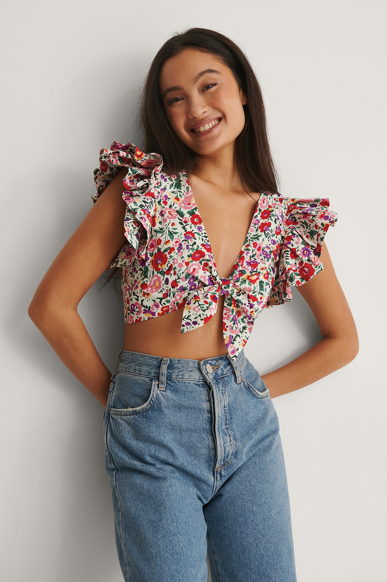 NA-KD Frill Knot Top - Flower