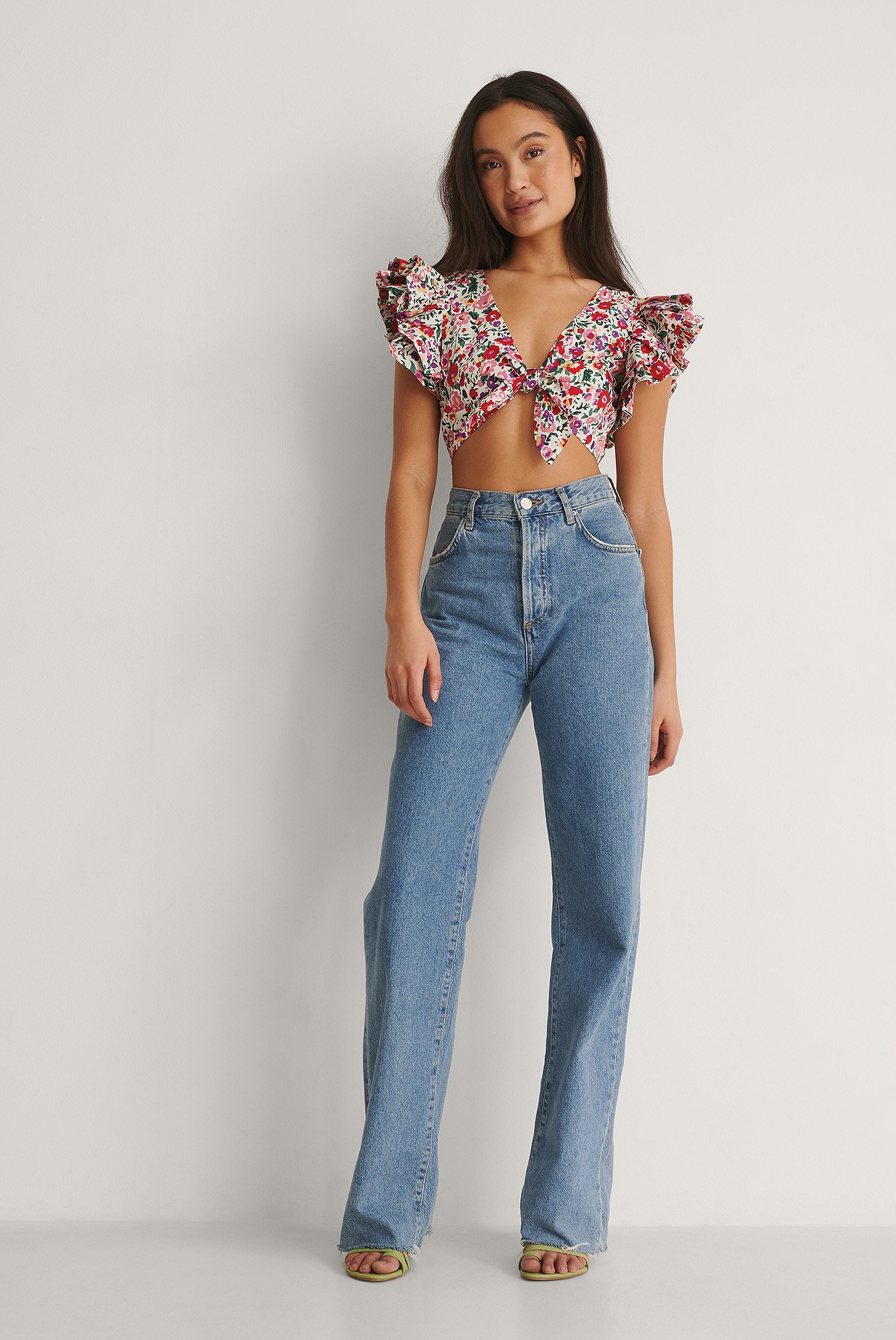 Multi Floral Print Frill Knot Top
