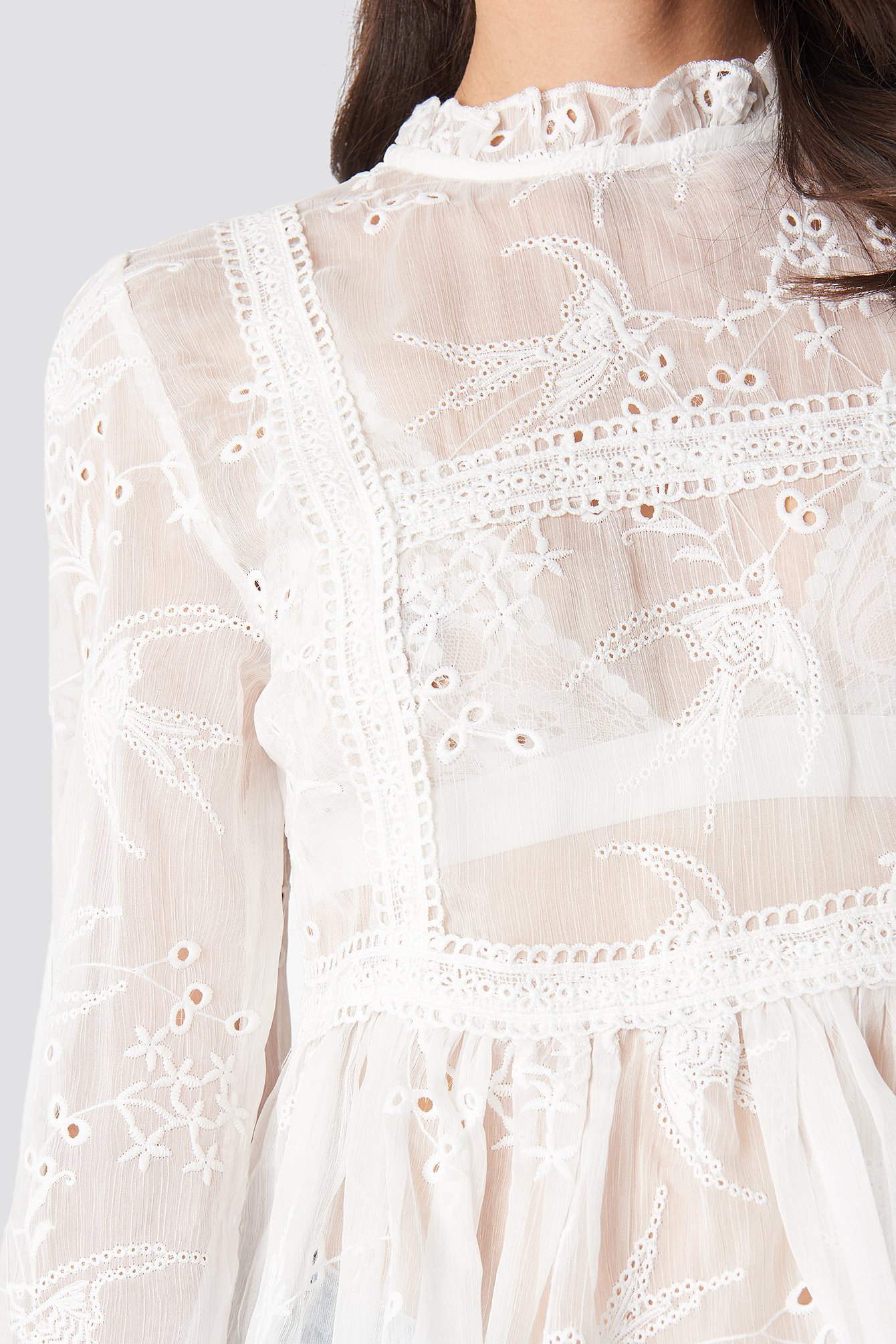 Frill Neck Embroidery Blouse White | na-kd.com