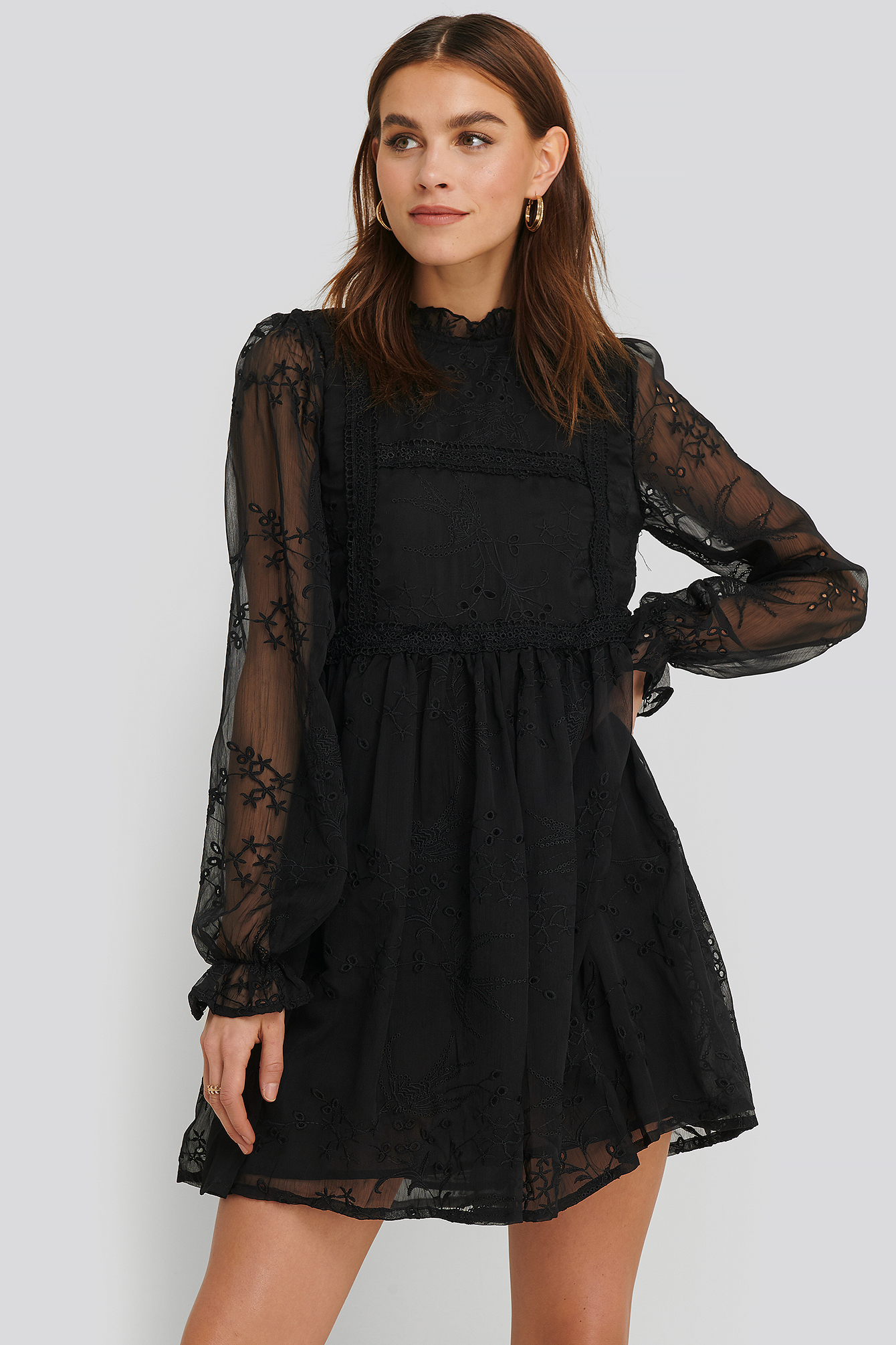Frill Neck Embroidery Dress Black