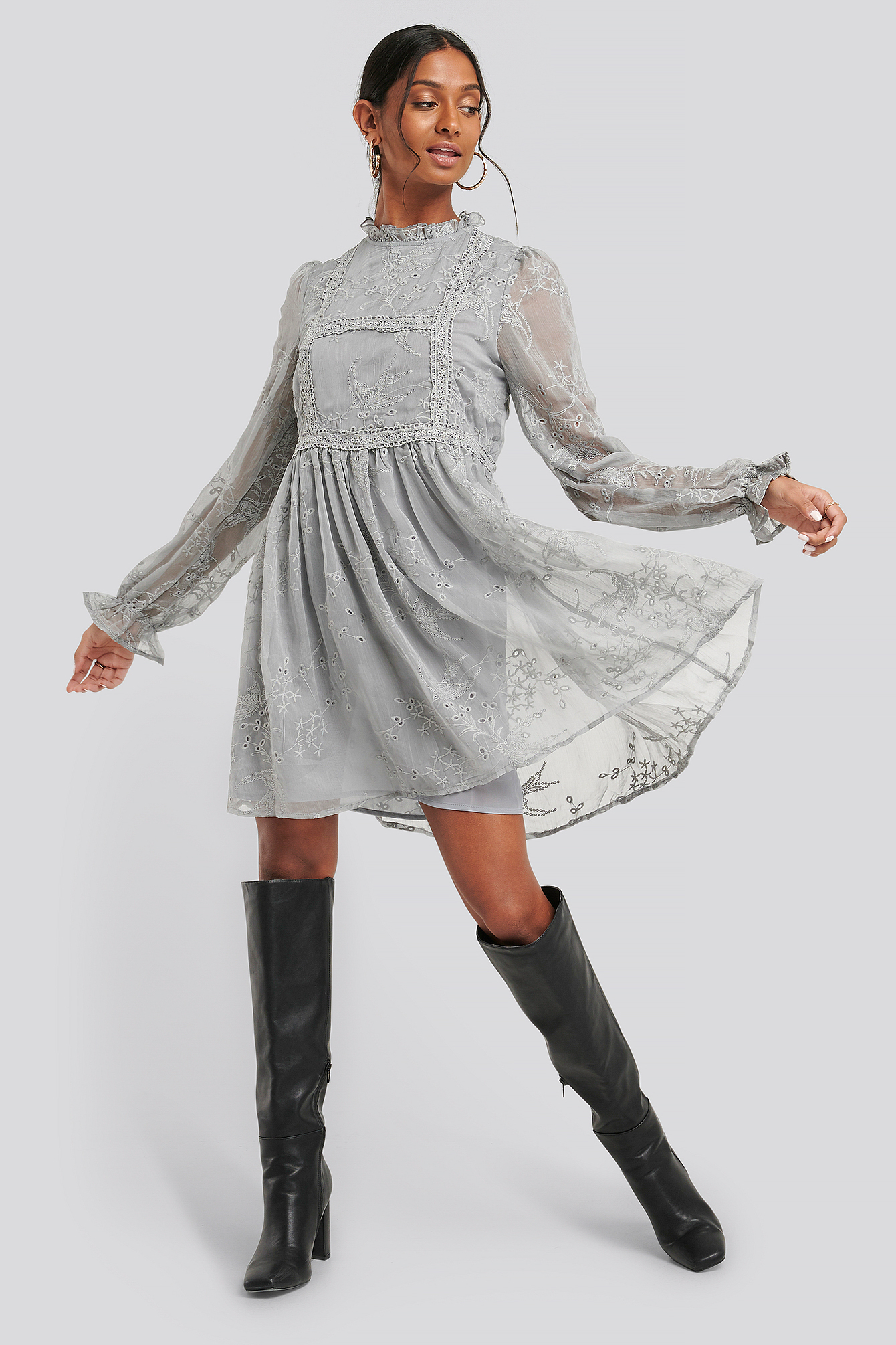 Frill Neck Embroidery Dress Dusty Blue