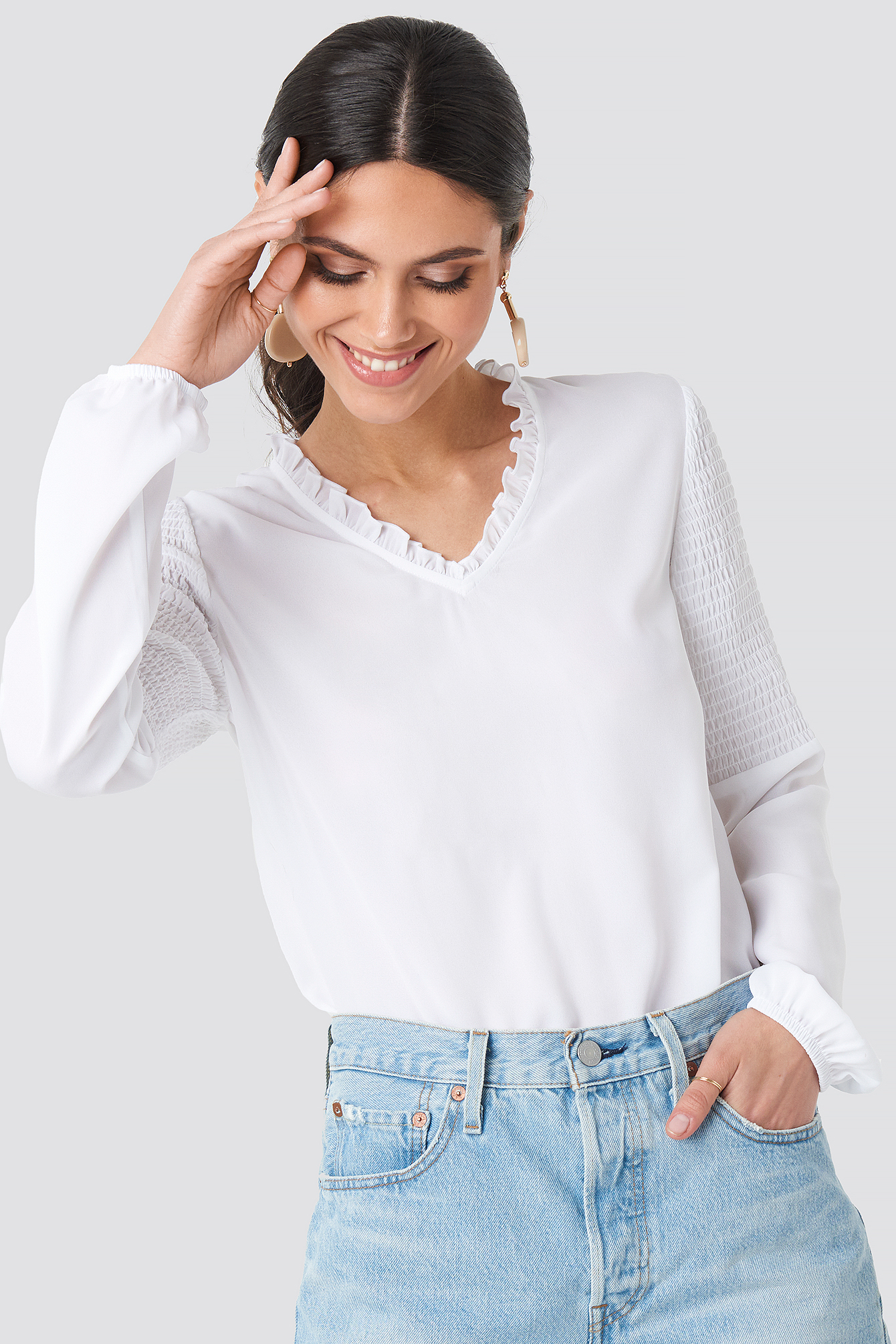 Frill Neck Shirred Part Blouse White