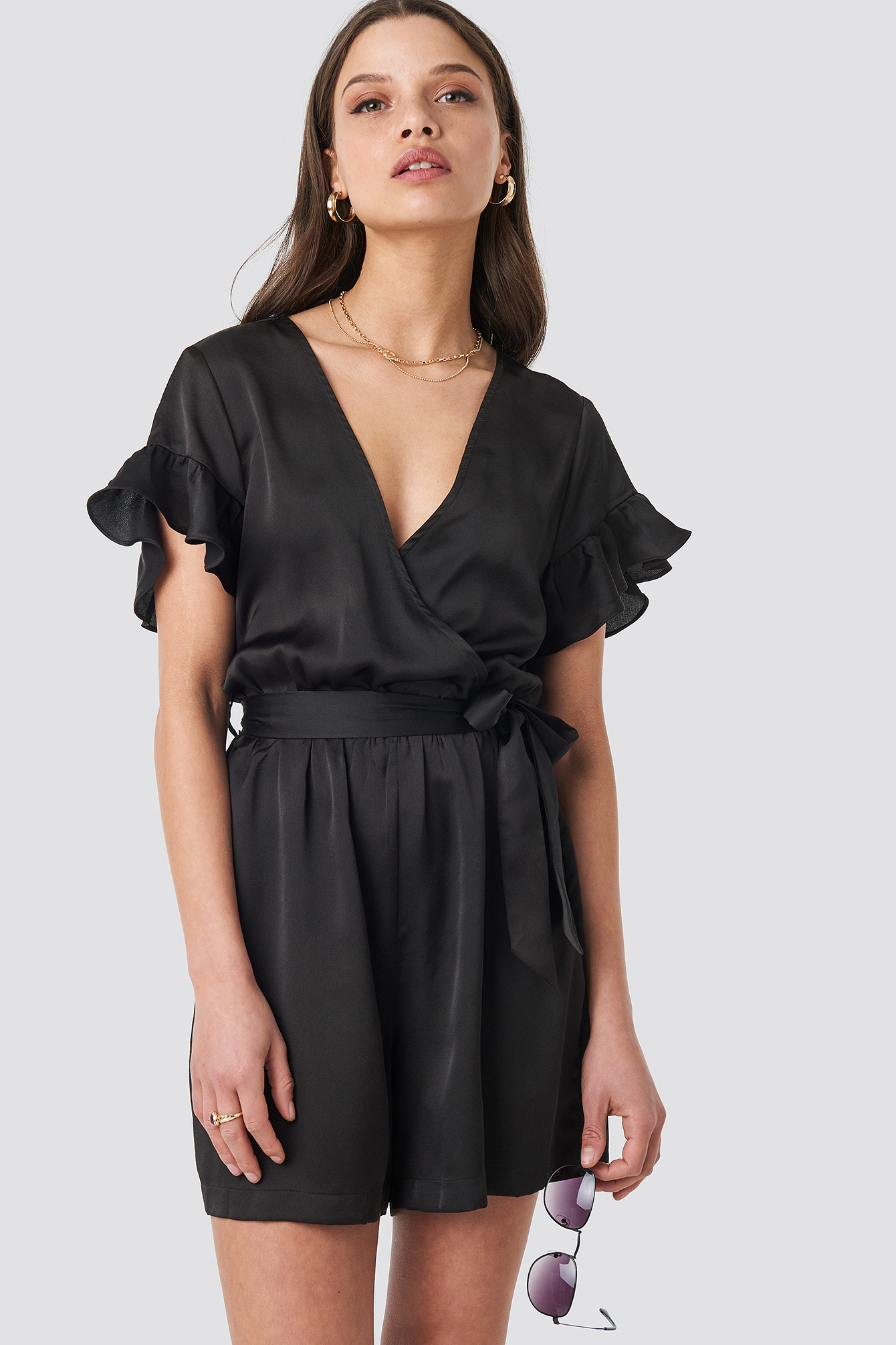 Frill Sleeve Playsuit Black